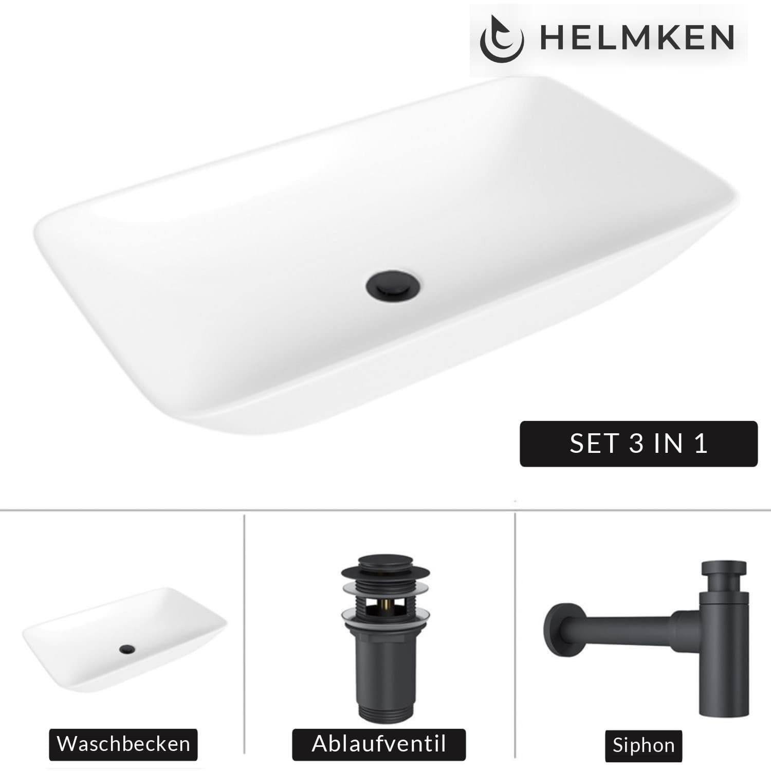 Aufsatzwaschbecken Helmken 88670000, 70 x 40 cm, Weiß + Siphon Schwarz matt + Click-Clack-Ventil Schwarz matt