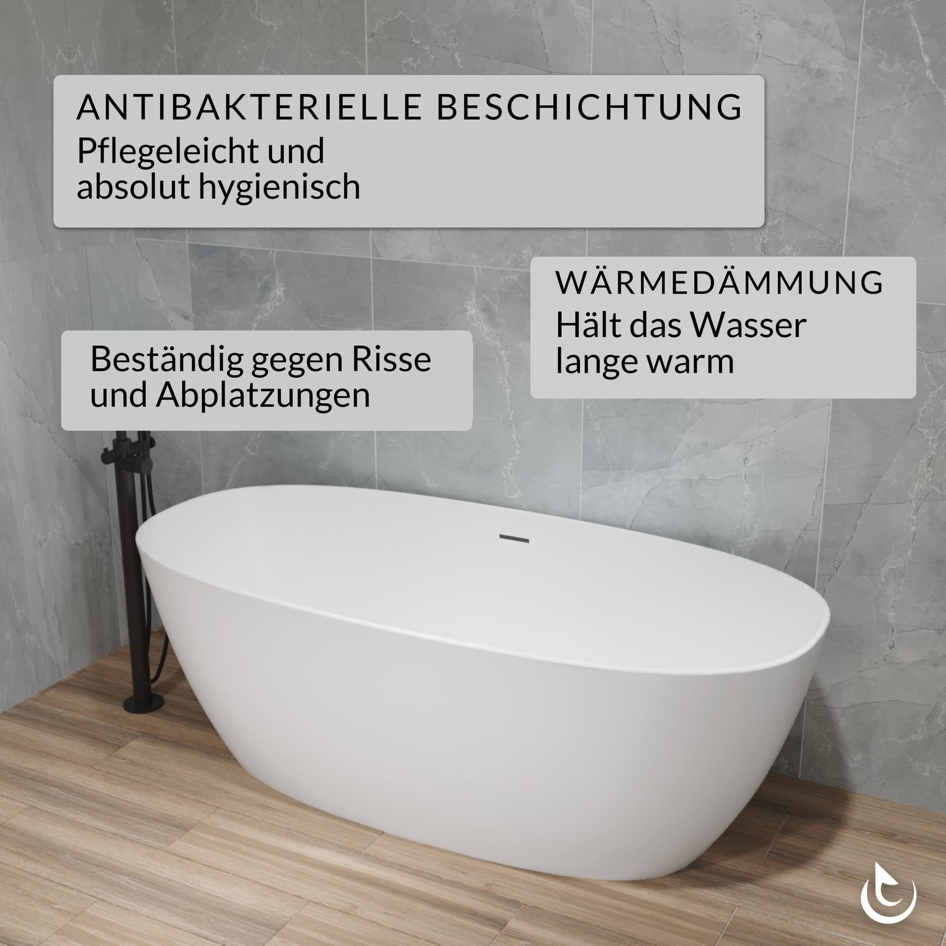 Freistehende Acrylbadewanne Helmken Lola 170 x 80 cm + Wannenfüße + Ab- und Überlaufgarnitur mit Click-Clack-Ventil / 31683370
