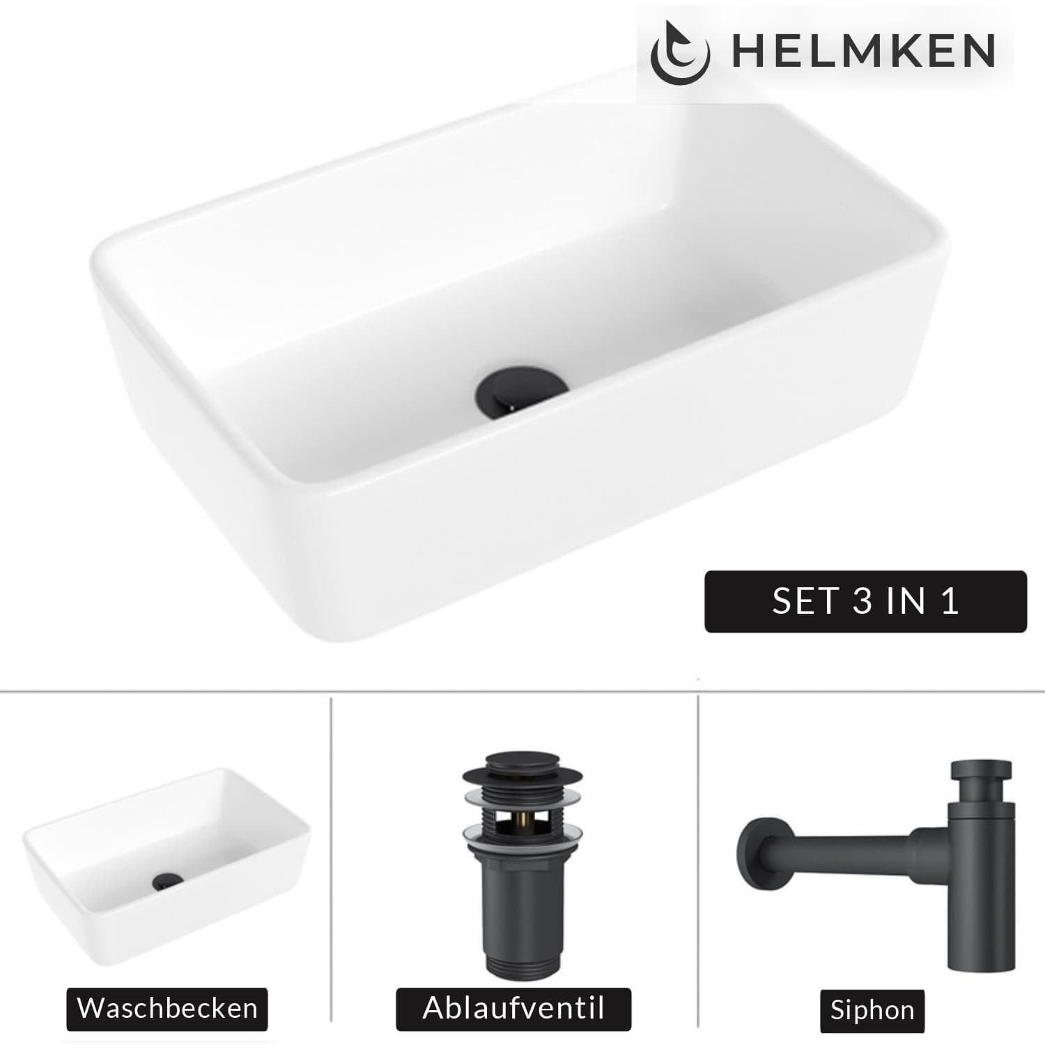 Aufsatzwaschbecken Helmken 67448000, 48 x 29,5 cm, Weiß + Siphon Schwarz matt + Click-Clack-Ventil Schwarz matt