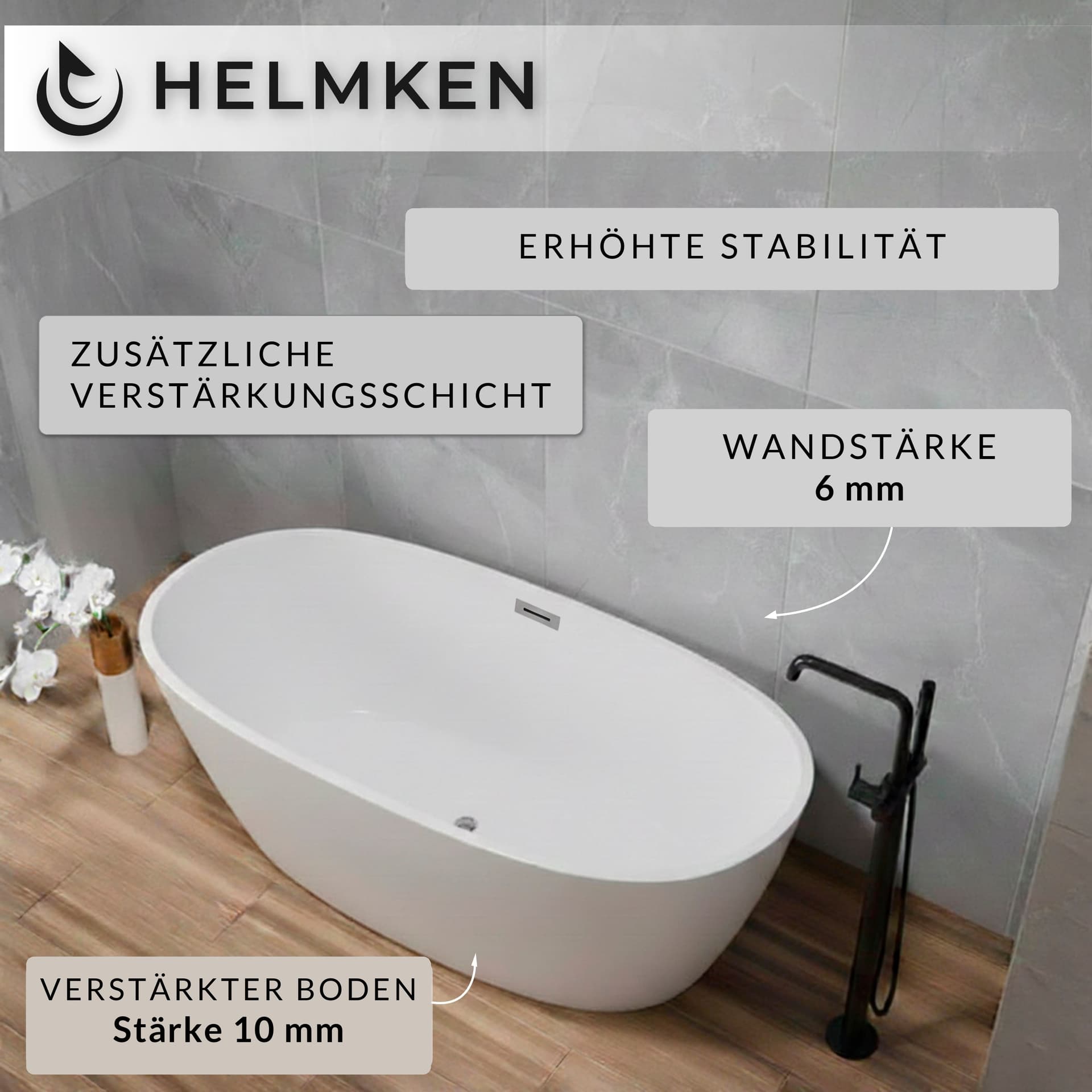 Freistehende Acrylbadewanne Helmken Opaline 170 x 80 cm + Wannenfüße + Ab- und Überlaufgarnitur mit Click-Clack-Ventil / 31460170