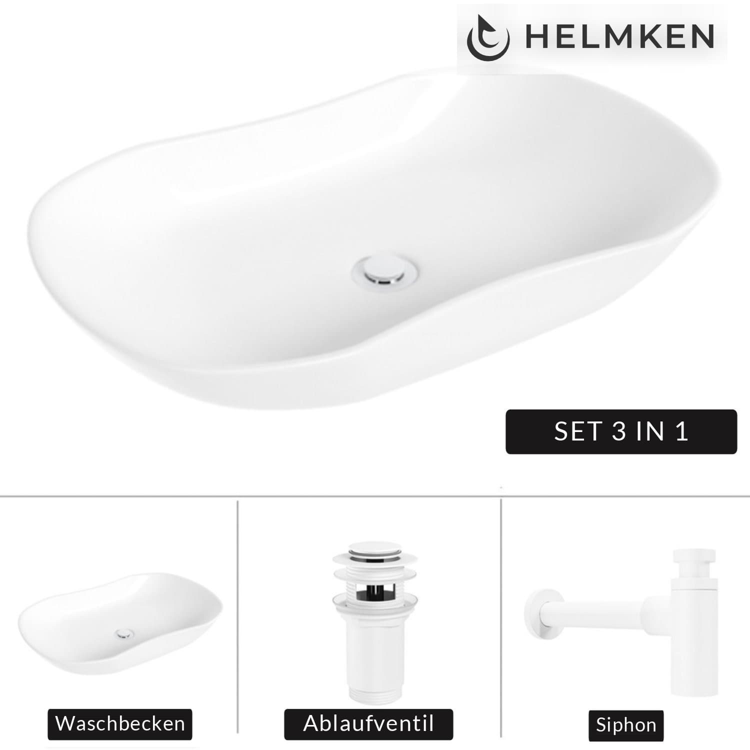 Aufsatzwaschbecken Helmken 57066000, 66 x 41 cm, Weiß + Siphon Weiß + Click-Clack-Ventil Weiß