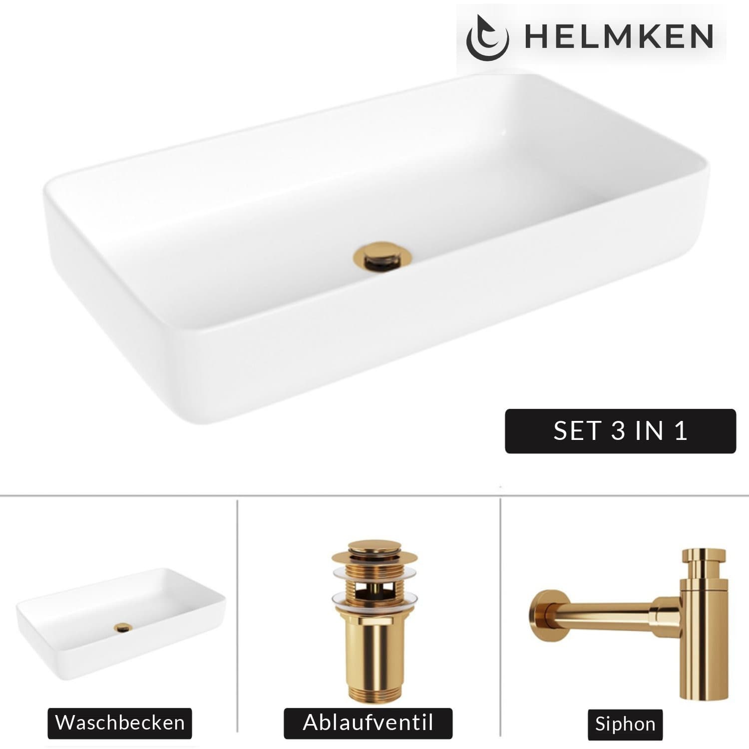 Aufsatzwaschbecken Helmken 48760000, 60 x 34 cm, Weiß + Siphon Gold + Click-Clack-Ventil Gold
