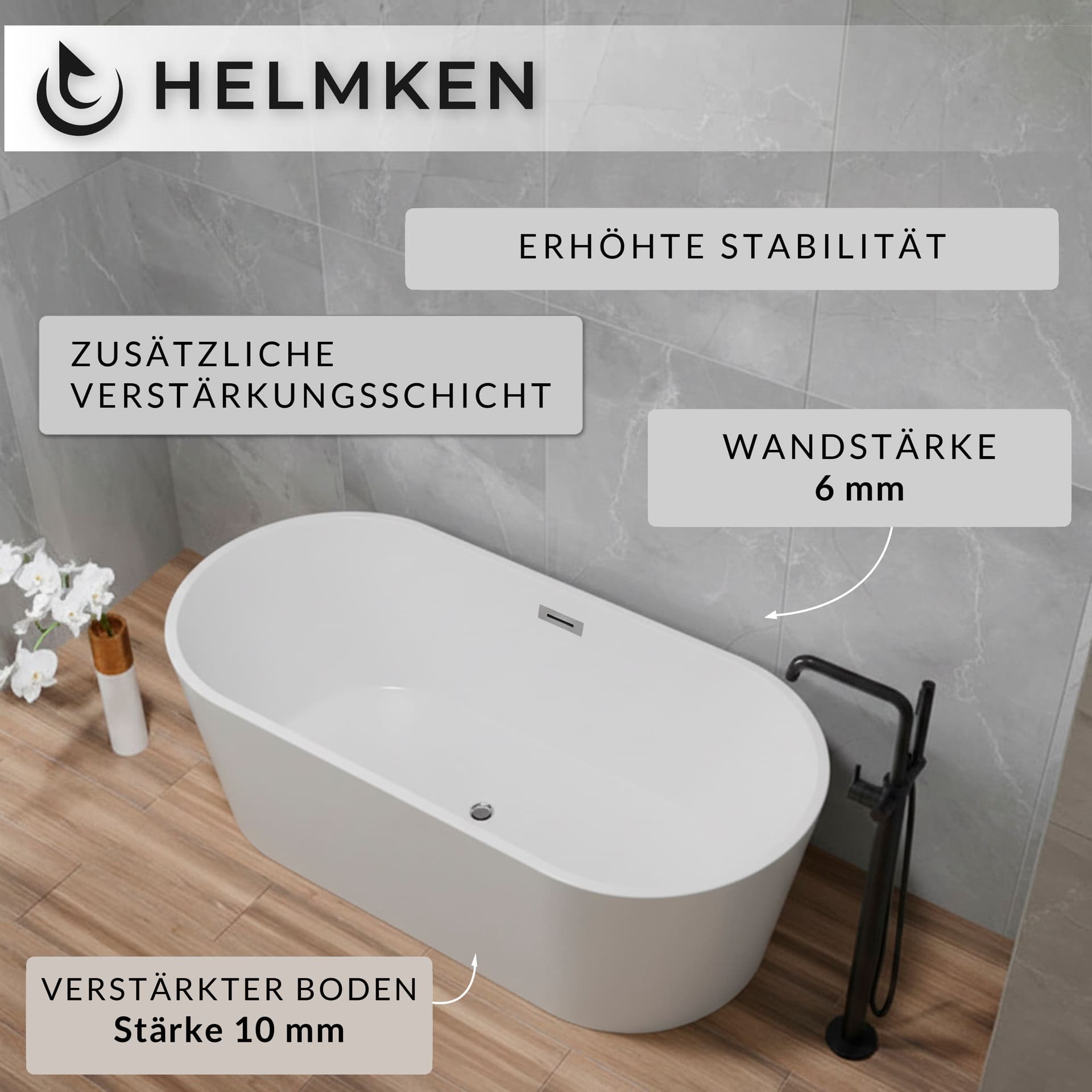 Freistehende Acrylbadewanne Helmken Luminara 150 x 75 cm + Wannenfüße + Ab- und Überlaufgarnitur mit Click-Clack-Ventil / 31260150