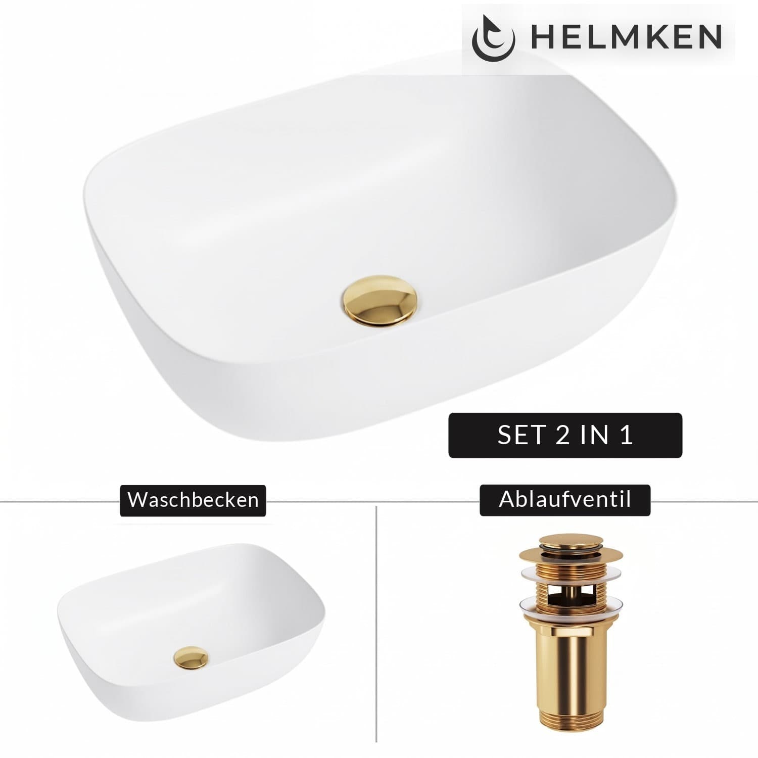 Aufsatzwaschbecken Helmken 49346000, 46 x 32 cm, Weiß + Click-Clack-Ventil Gold