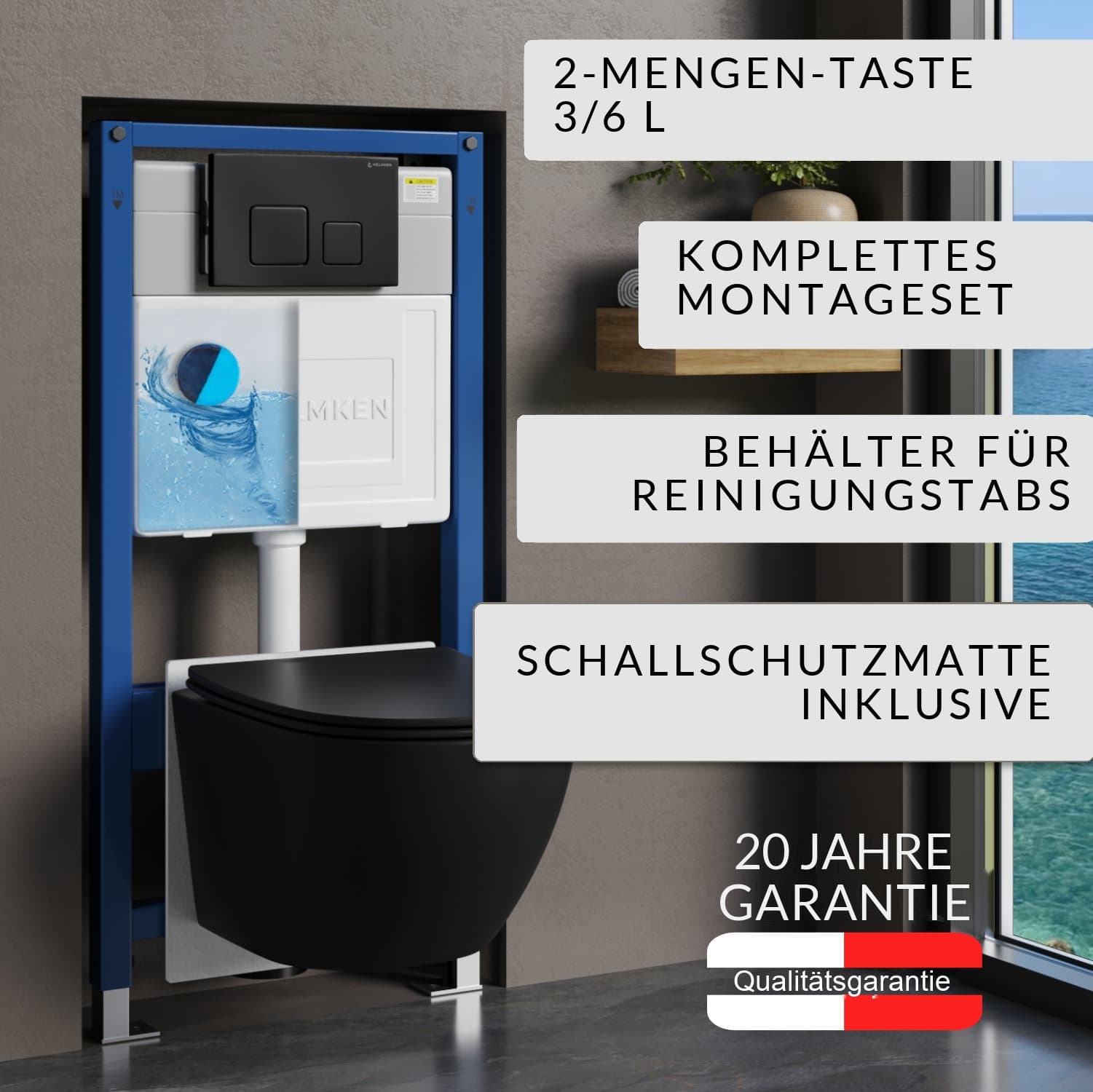 WC-Vorwandelement Helmken 35103001B im 6-in-1-Set: Betätigungsplatte Schwarz matt (F), spülrandloses Wand-WC Rimless (Schwarz matt), WC-Sitz mit Absenkautomatik, Box für WC-Hygienewürfel, Schallschutzmatte