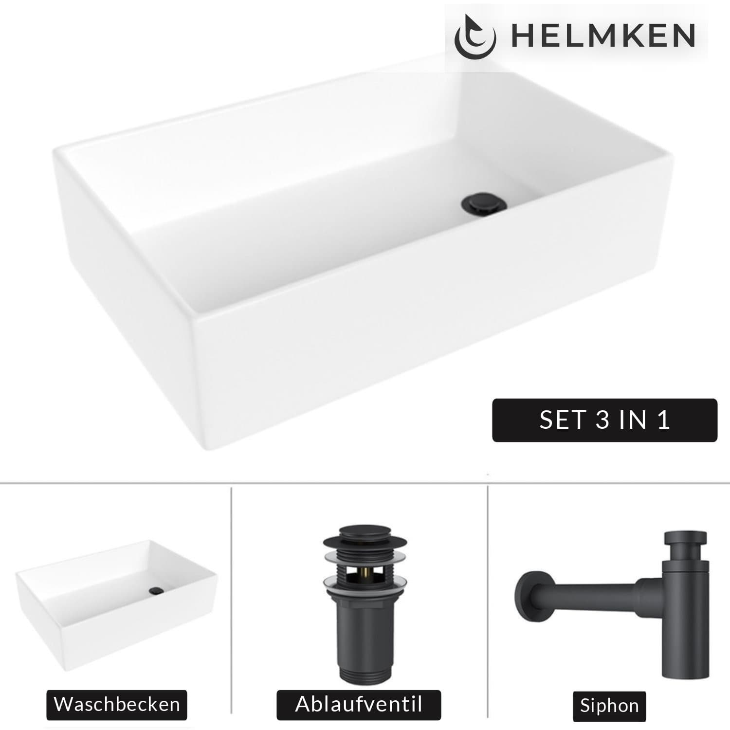 Aufsatzwaschbecken Helmken 51861000, 61 x 40 cm, Weiß + Siphon Schwarz matt + Click-Clack-Ventil Schwarz matt