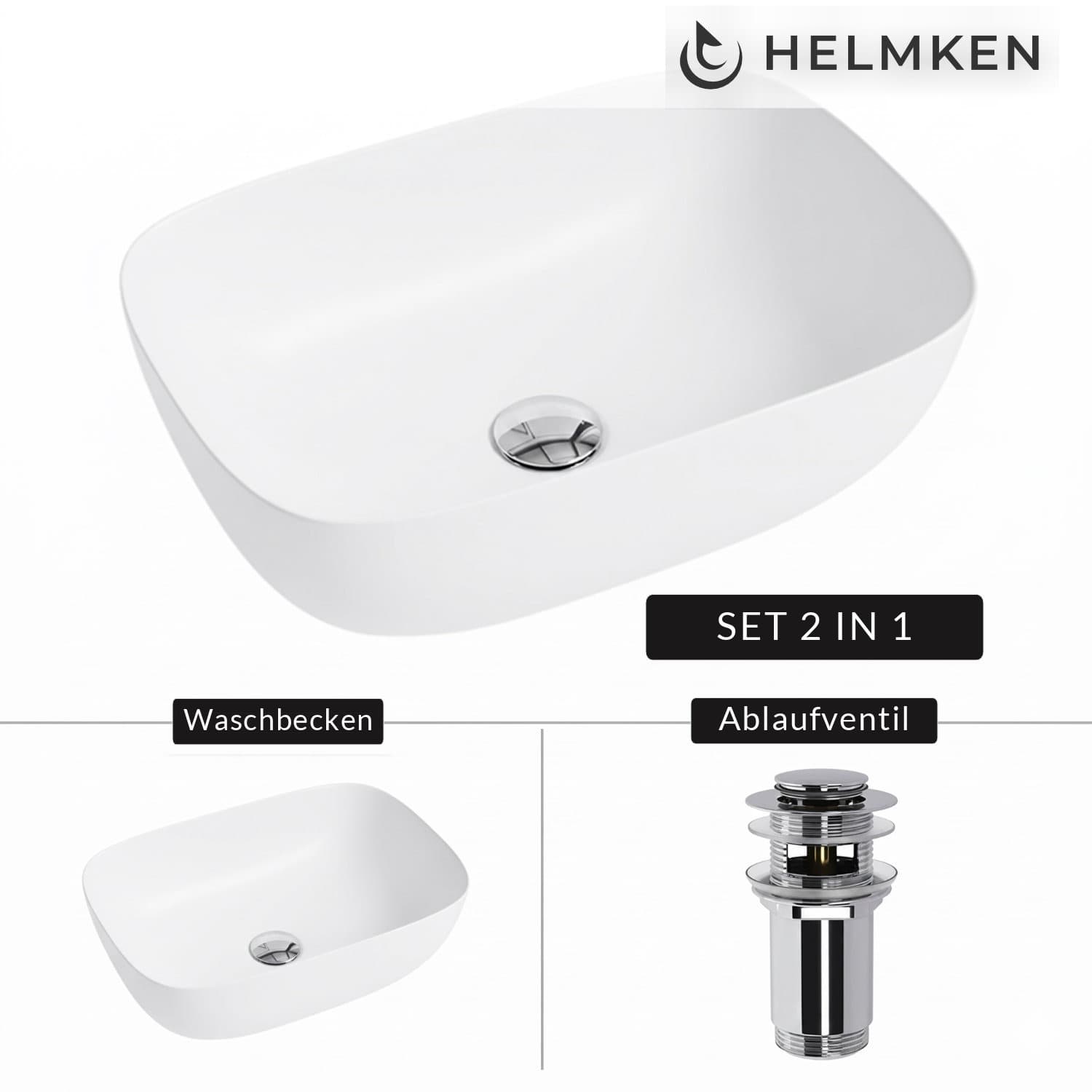 Aufsatzwaschbecken Helmken 49346000, 46 x 32 cm, Weiß + Click-Clack-Ventil Chrom