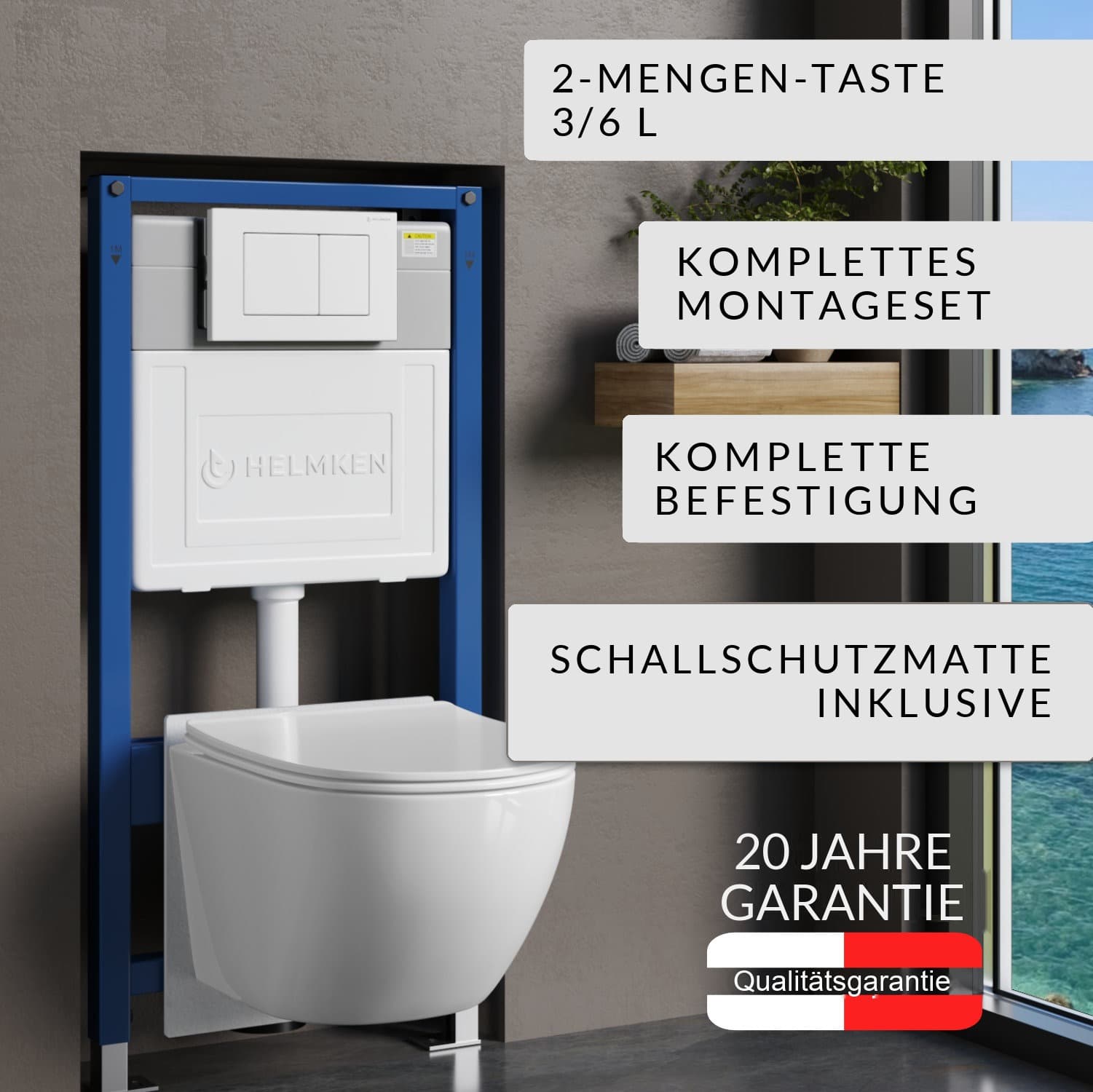 Vorwand-WC-Set Helmken 5-in-1: Vorwandelement, Betätigungsplatte Weiß (J), spülrandloses Wand-WC Rimless 35103001B (Weiß), WC-Sitz mit Absenkautomatik, Schallschutzmatte
