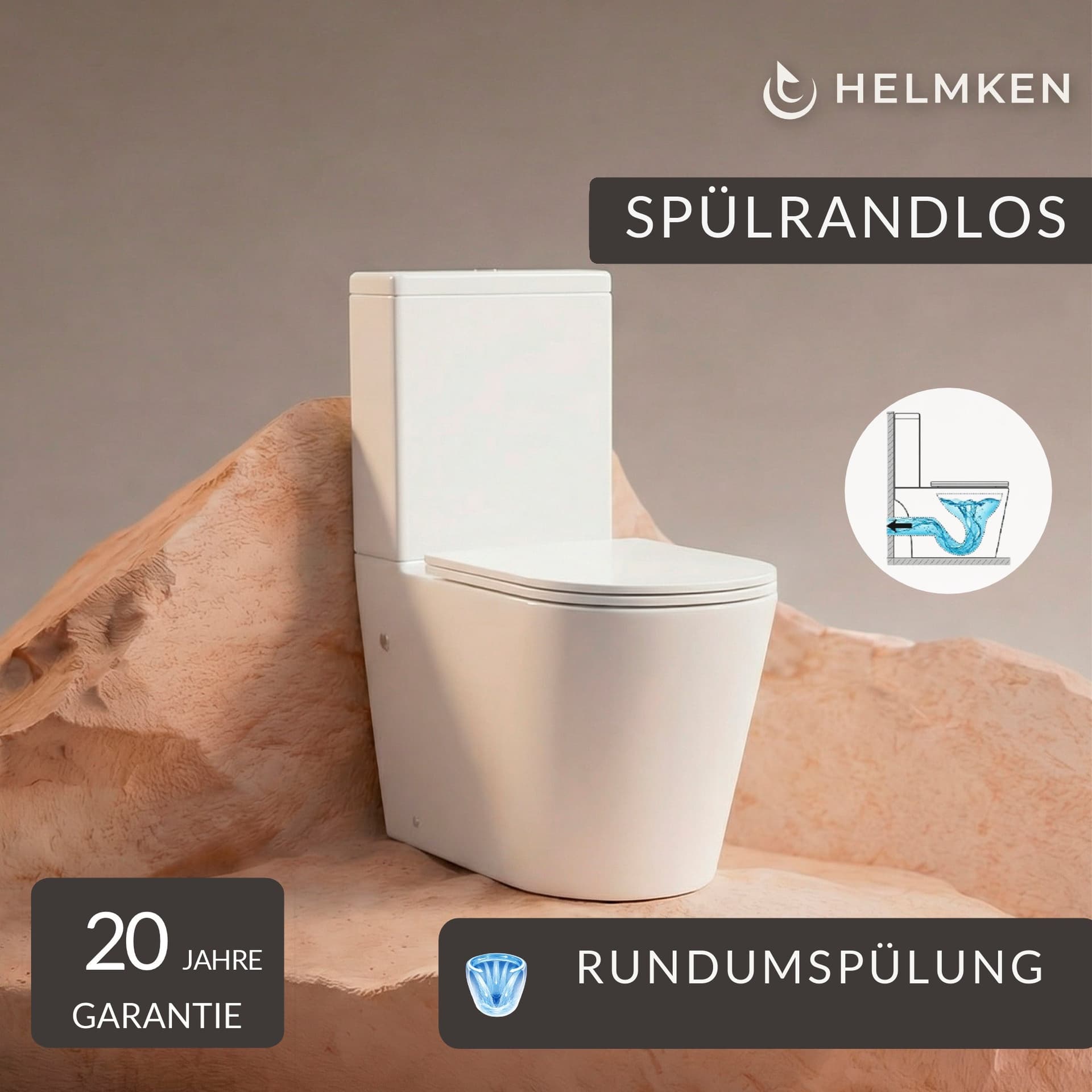 Spülrandlose Stand-WC-Kombination Helmken 35276002, mit WC-Sitz aus Duroplast mit Absenkautomatik, Weiß, waagerechter Abgang