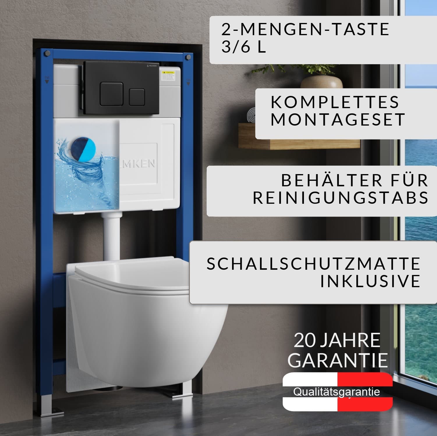 Vorwand-WC-Set Helmken 6-in-1: Vorwandelement, Betätigungsplatte Schwarz matt (F), spülrandloses Wand-WC Rimless 35103001, WC-Sitz mit Absenkautomatik, Box für WC-Hygienewürfel, Schallschutzmatte