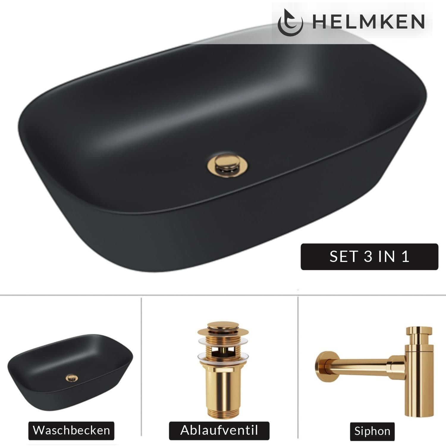 Aufsatzwaschbecken Helmken 39360001, 60 x 38 cm, Schwarz + Siphon Gold + Click-Clack-Ventil Gold