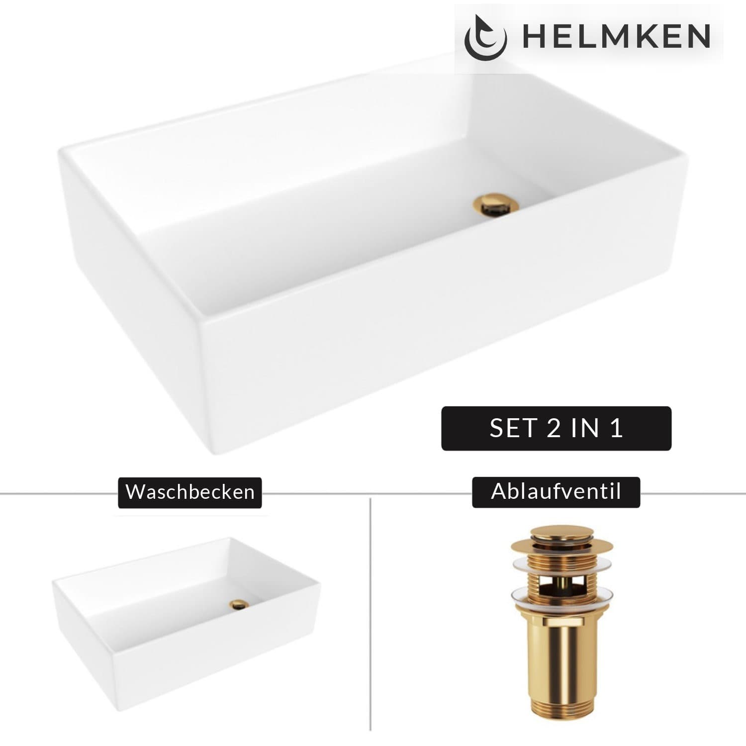 Aufsatzwaschbecken Helmken 51861000, 61 x 40 cm, Weiß + Click-Clack-Ventil Gold
