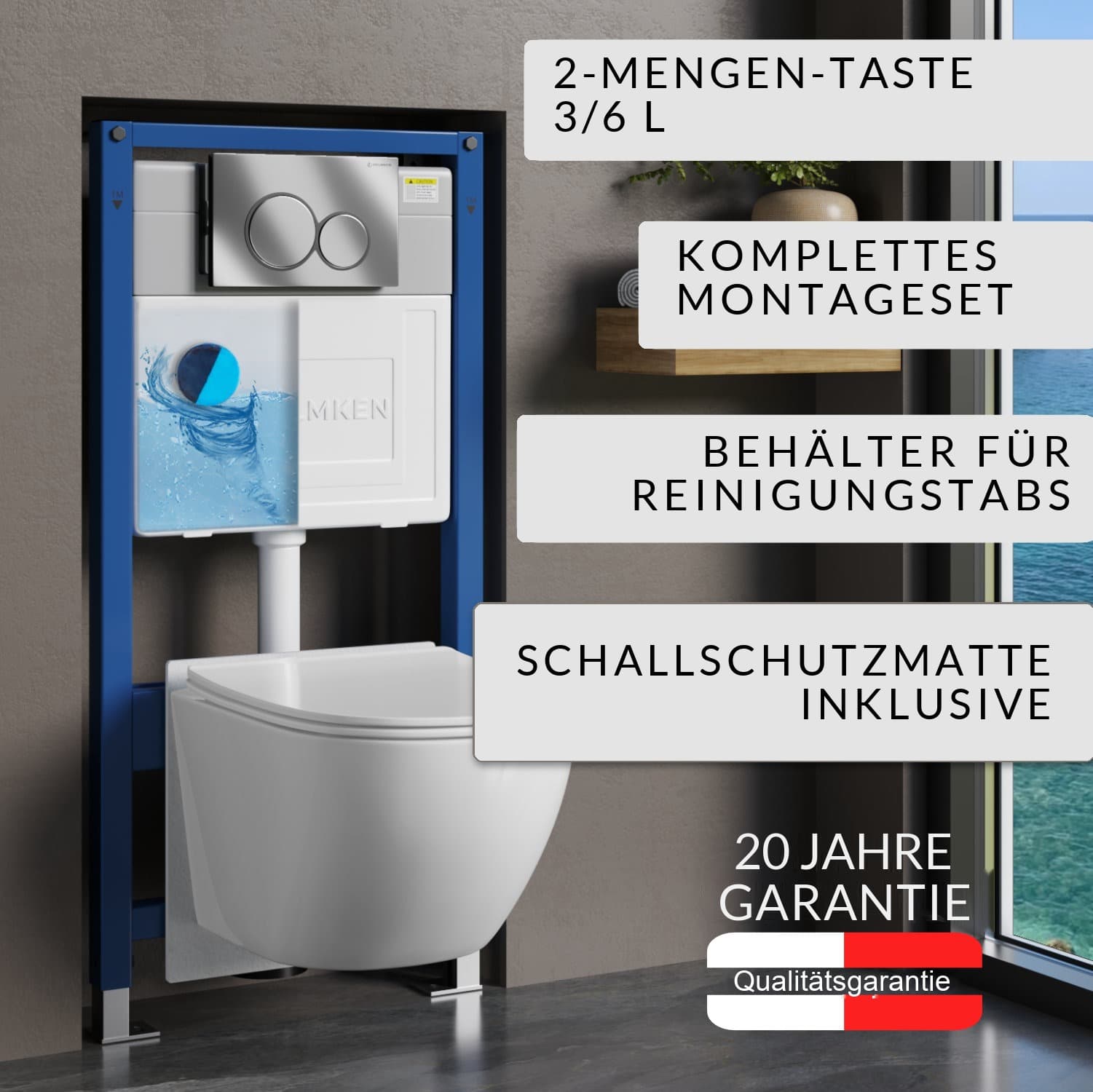 Vorwand-WC-Set Helmken 6-in-1: Vorwandelement, Betätigungsplatte Chrom (E), spülrandloses Wand-WC Rimless 35103001, WC-Sitz mit Absenkautomatik, Box für WC-Hygienewürfel, Schallschutzmatte
