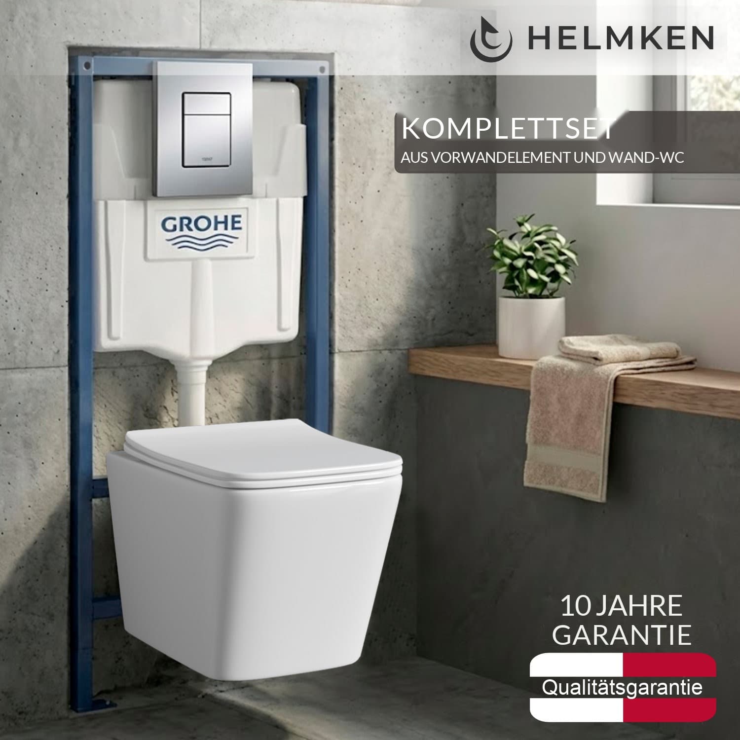 Vorwand-WC-Set 4-in-1: Vorwandelement Grohe, Betätigungsplatte Chrom 38772001, spülrandloses Wand-WC Helmken 35120001 (Weiß), WC-Sitz aus Duroplast mit Absenkautomatik
