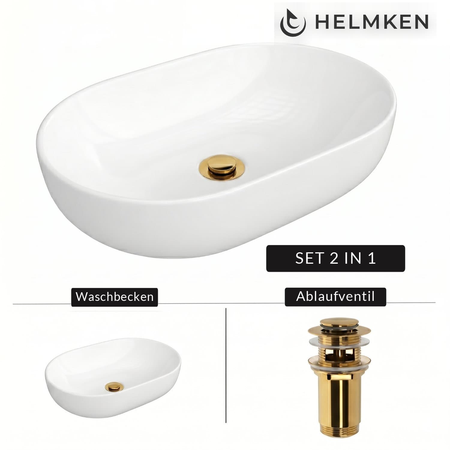 Aufsatzwaschbecken Helmken 83660000, 60 x 42,5 cm, Weiß + Click-Clack-Ventil Gold