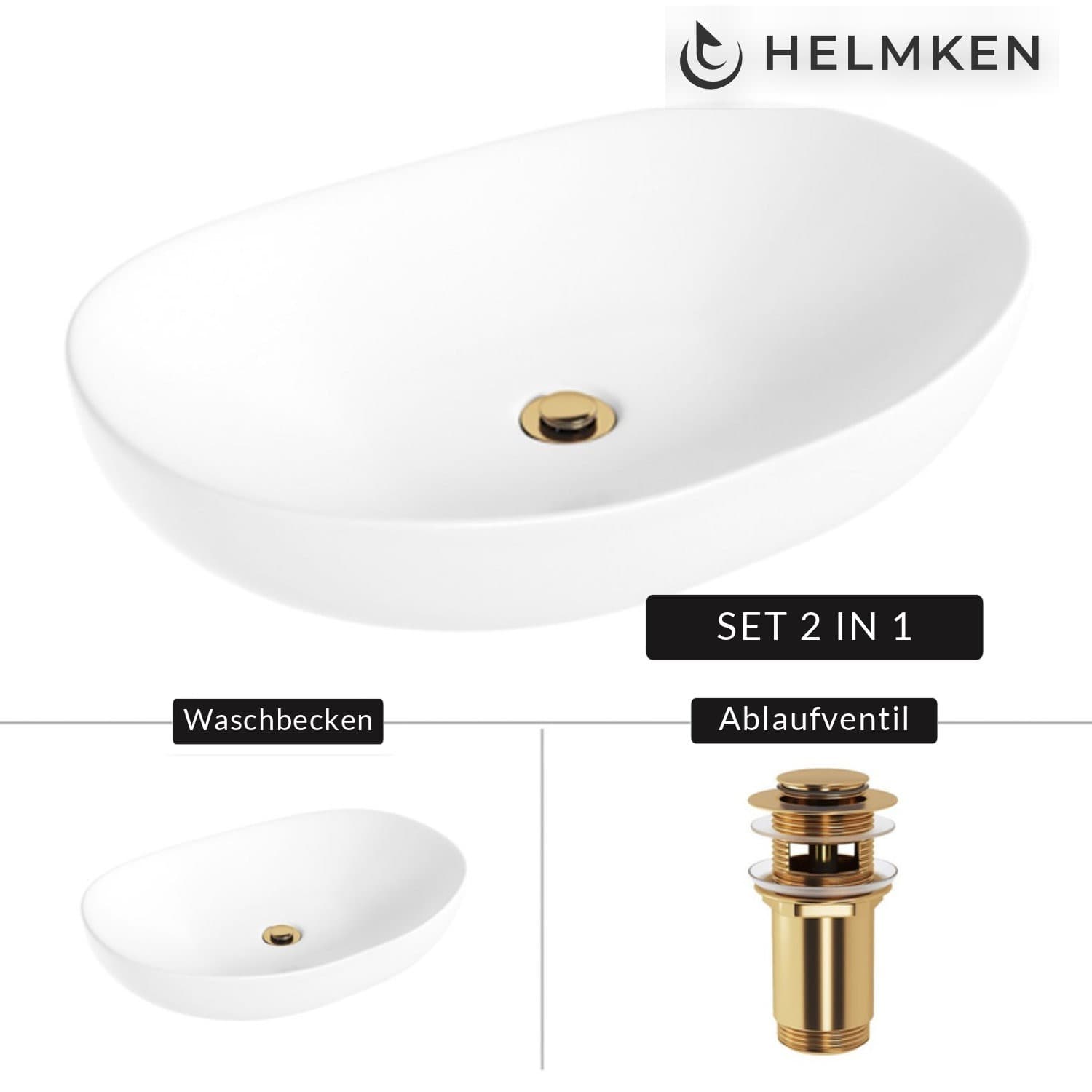 Aufsatzwaschbecken Helmken 50263000, 63 x 42 cm, Weiß + Click-Clack-Ventil Gold