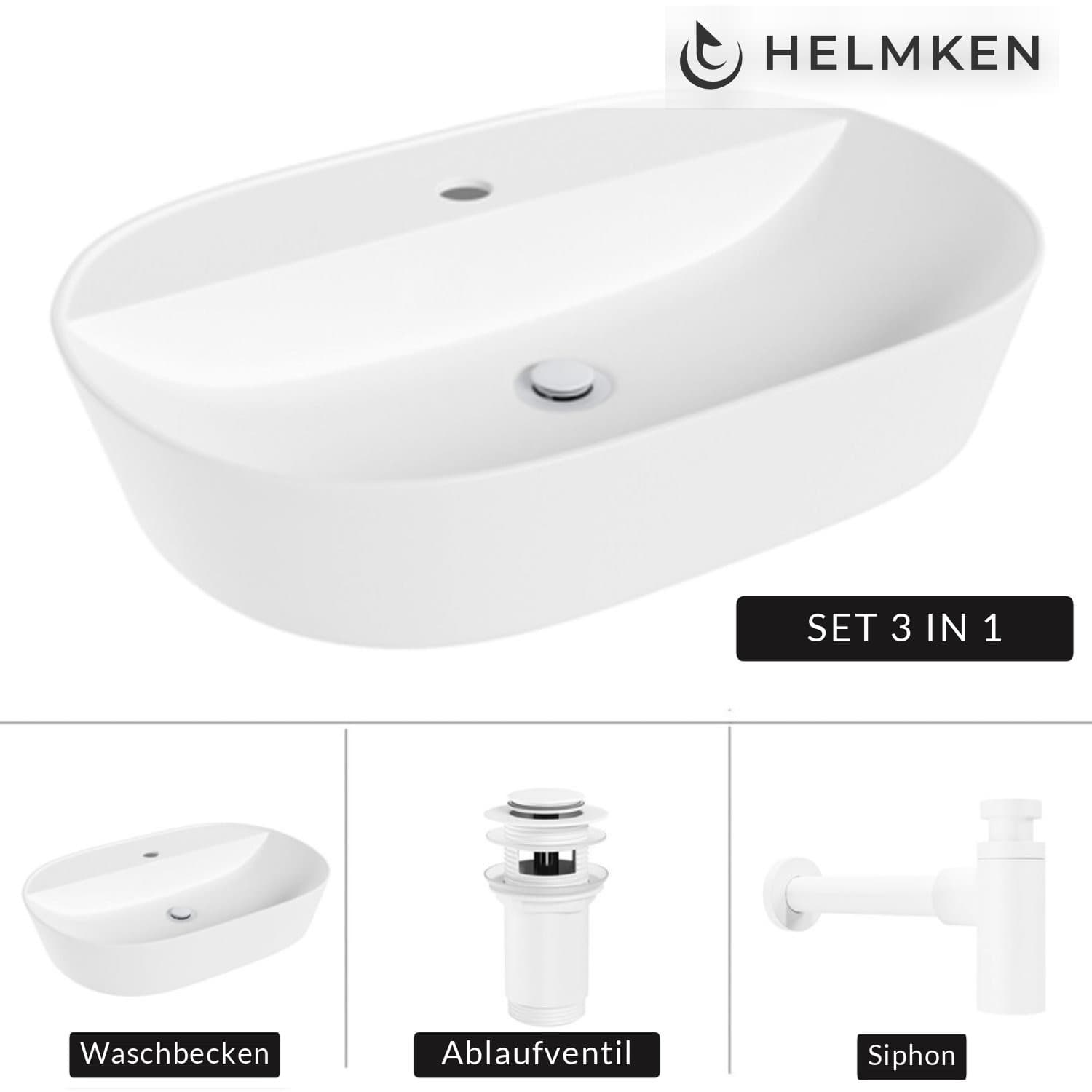 Aufsatzwaschbecken Helmken 46060000, 60 x 40 cm, Weiß + Siphon Weiß + Click-Clack-Ventil Weiß