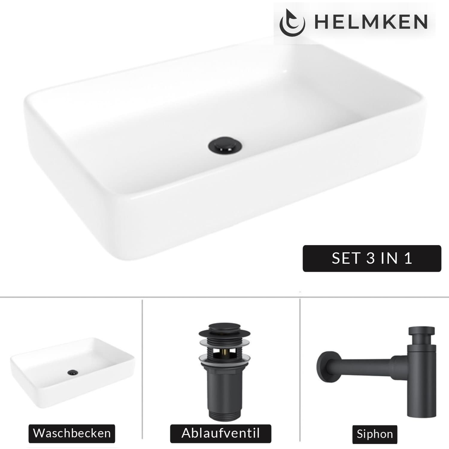 Aufsatzwaschbecken Helmken 84261000, 61,5 x 41 cm, Weiß + Siphon Schwarz matt + Click-Clack-Ventil Schwarz matt