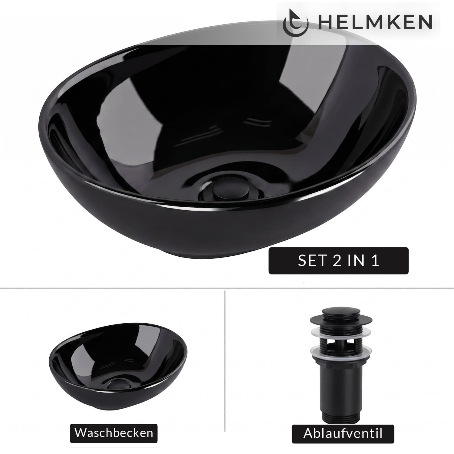 Aufsatzwaschbecken Helmken 65241001, 41 x 34 cm, Schwarz + Click-Clack-Ventil Schwarz matt