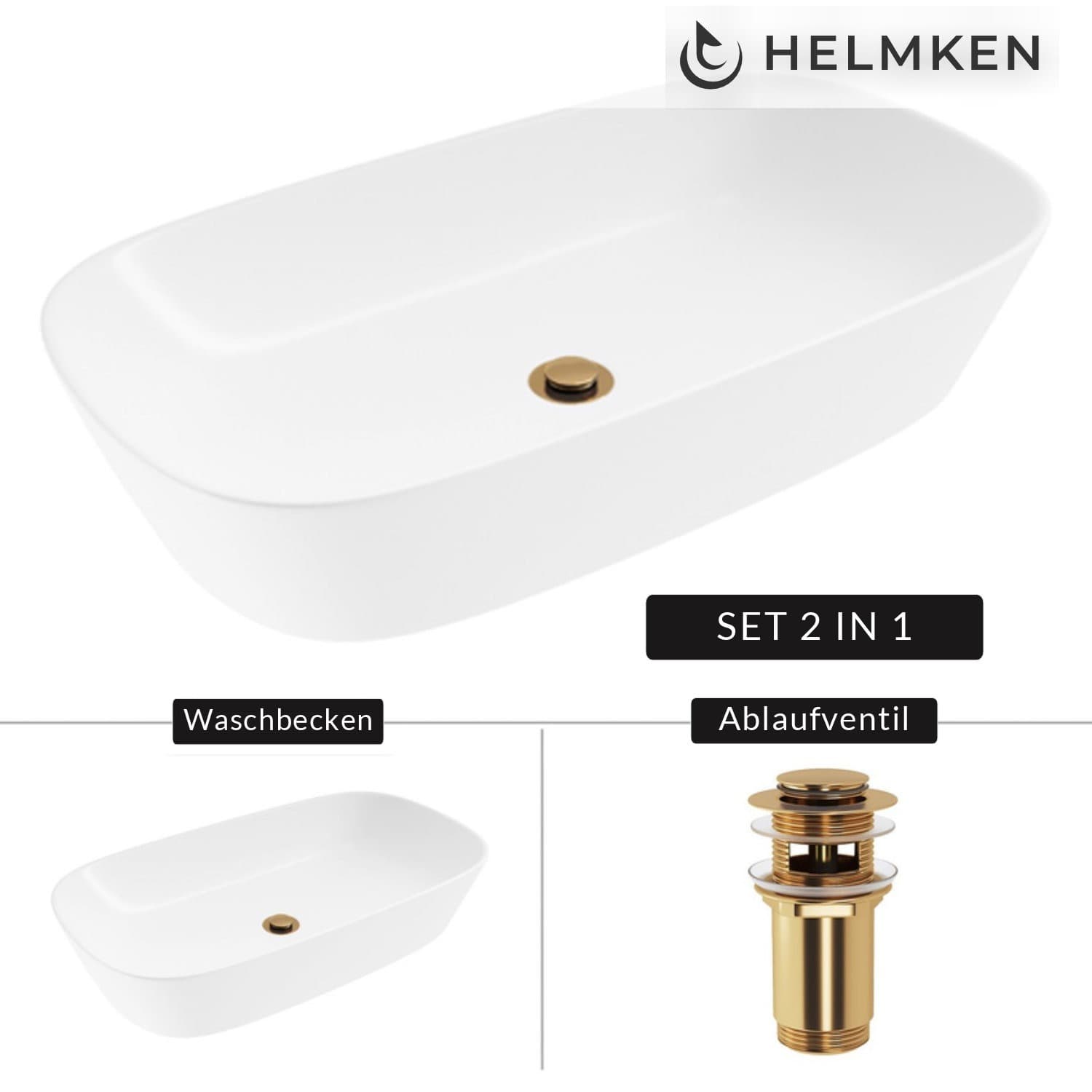 Aufsatzwaschbecken Helmken 39370000, 70 x 38 cm, Weiß + Click-Clack-Ventil Gold