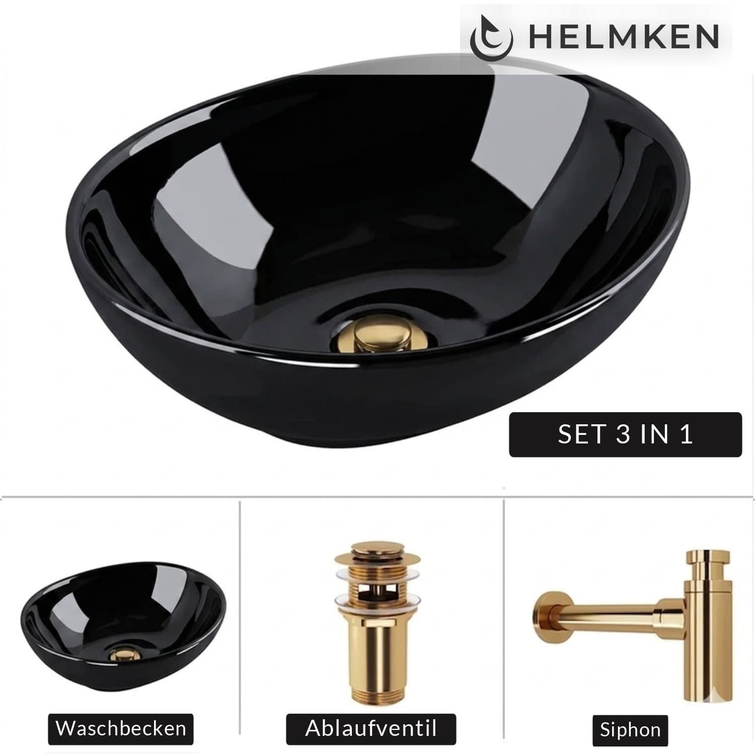 Aufsatzwaschbecken Helmken 65241001, 41 x 34 cm, Schwarz + Siphon Gold + Click-Clack-Ventil Gold