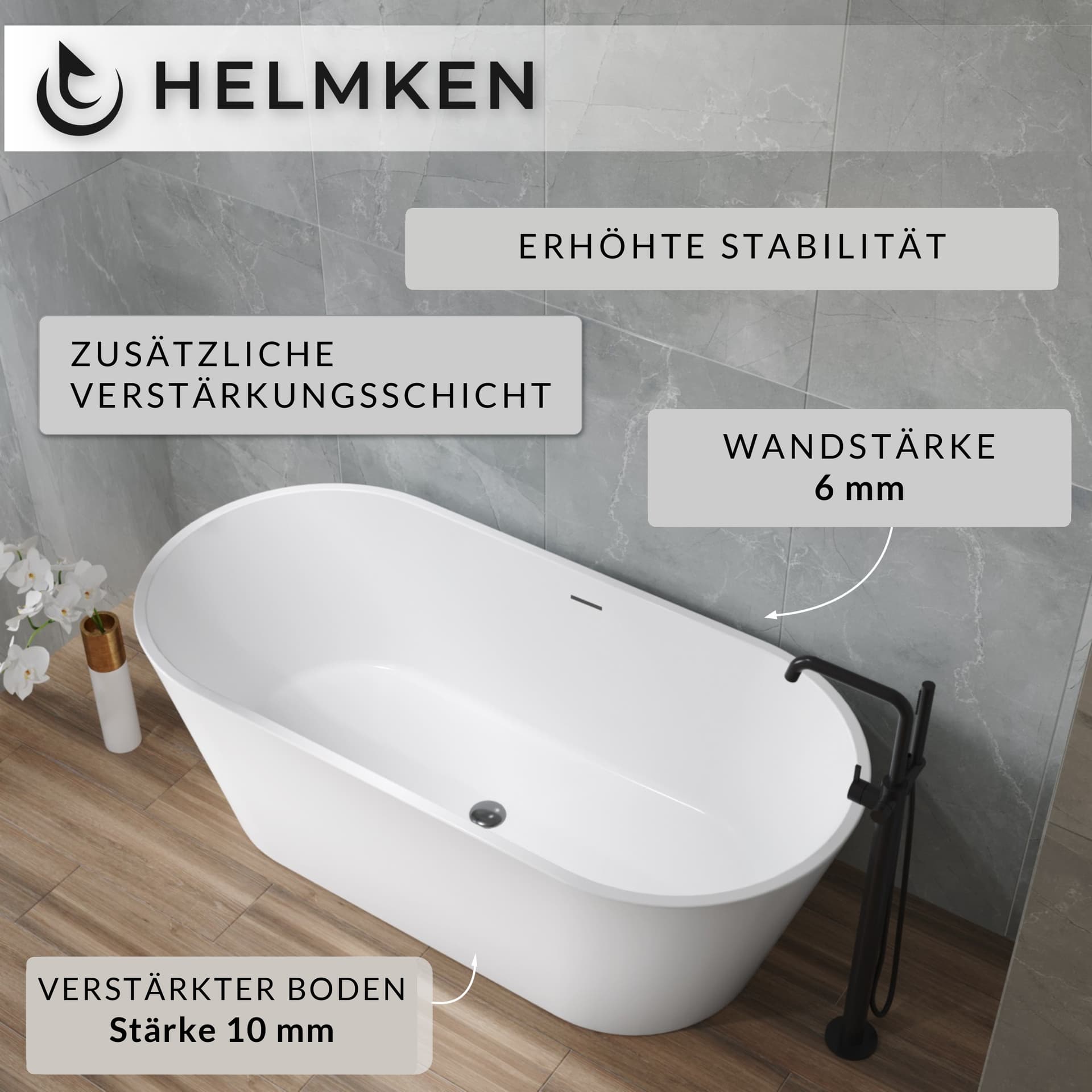 Freistehende Acrylbadewanne Helmken Raya 160 x 74 cm + Wannenfüße + Ab- und Überlaufgarnitur mit Click-Clack-Ventil / 31681560