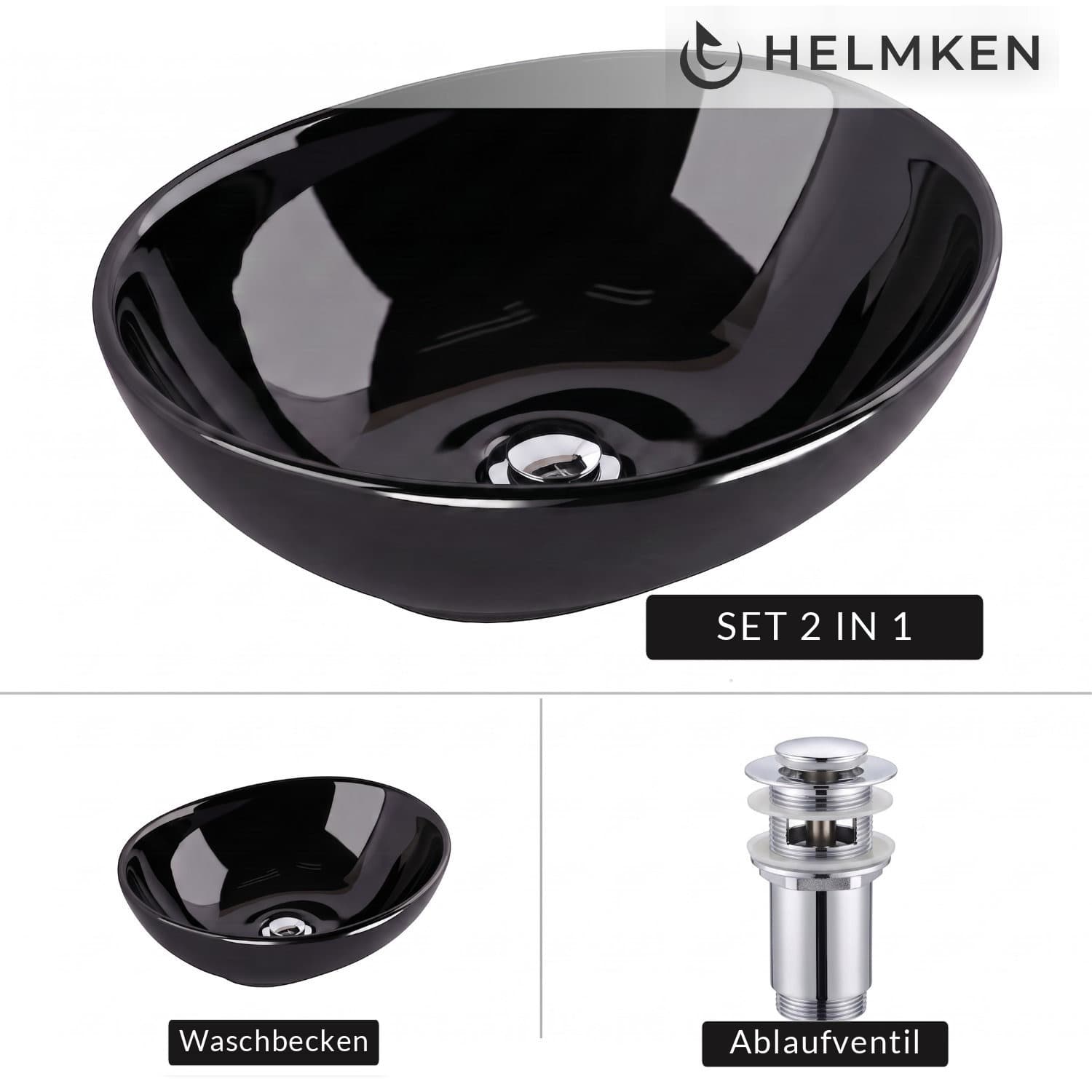 Aufsatzwaschbecken Helmken 65241001, 41 x 34 cm, Schwarz + Click-Clack-Ventil Chrom