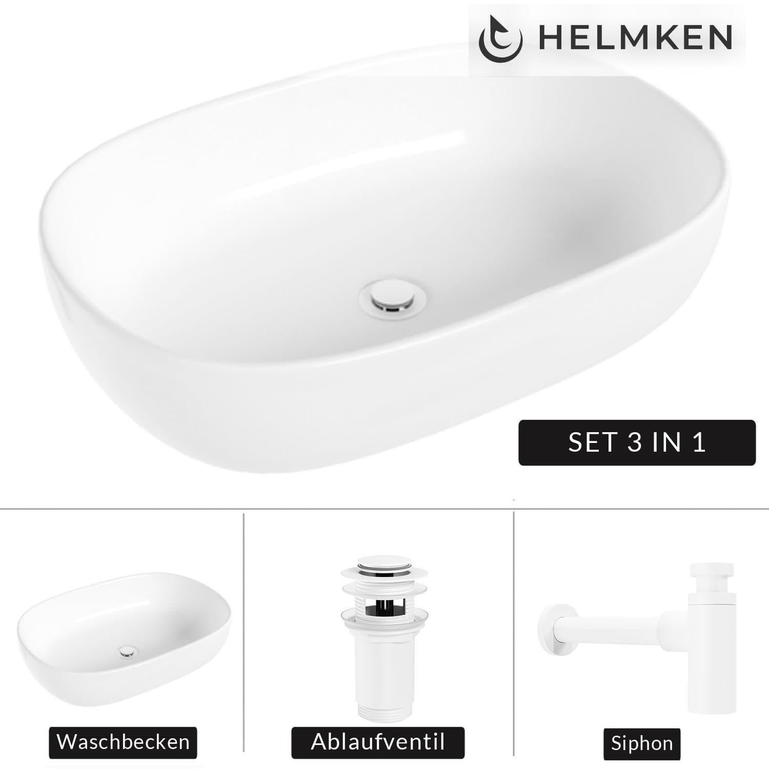 Aufsatzwaschbecken Helmken 83660000, 60 x 42,5 cm, Weiß + Siphon Weiß + Click-Clack-Ventil Weiß