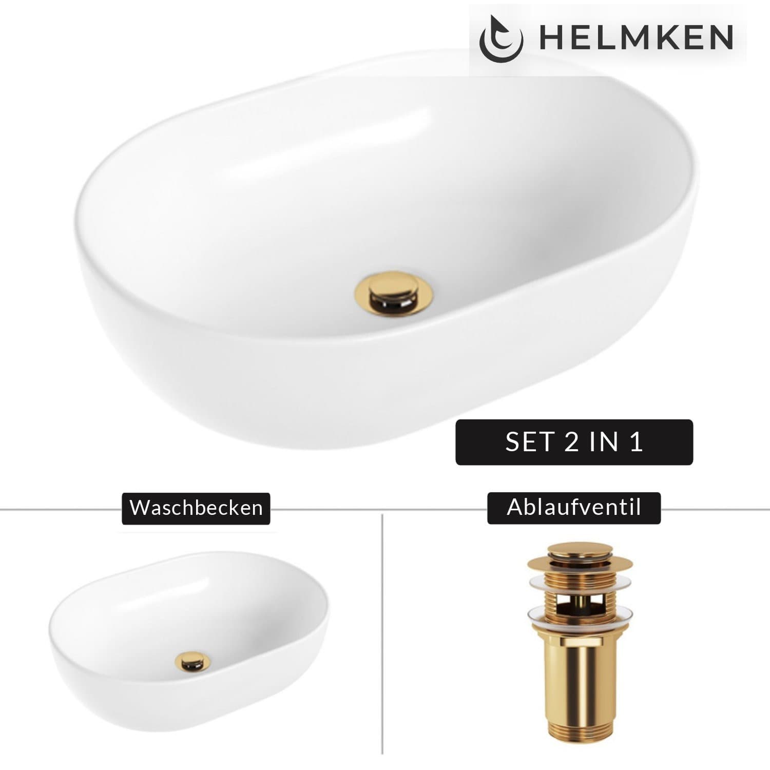Aufsatzwaschbecken Helmken 83648000, 48 x 34 cm, Weiß + Click-Clack-Ventil Gold