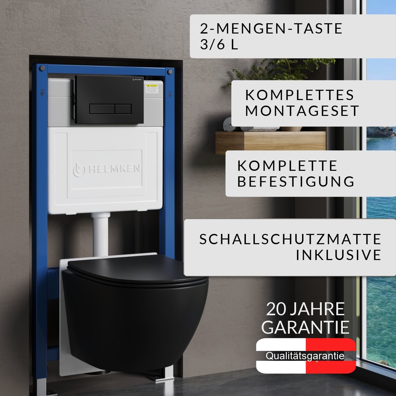 Vorwand-WC-Set Helmken 5-in-1: Vorwandelement, Betätigungsplatte Schwarz matt (HD), spülrandloses Wand-WC Rimless 35103001B (Schwarz matt), WC-Sitz mit Absenkautomatik, Schallschutzmatte