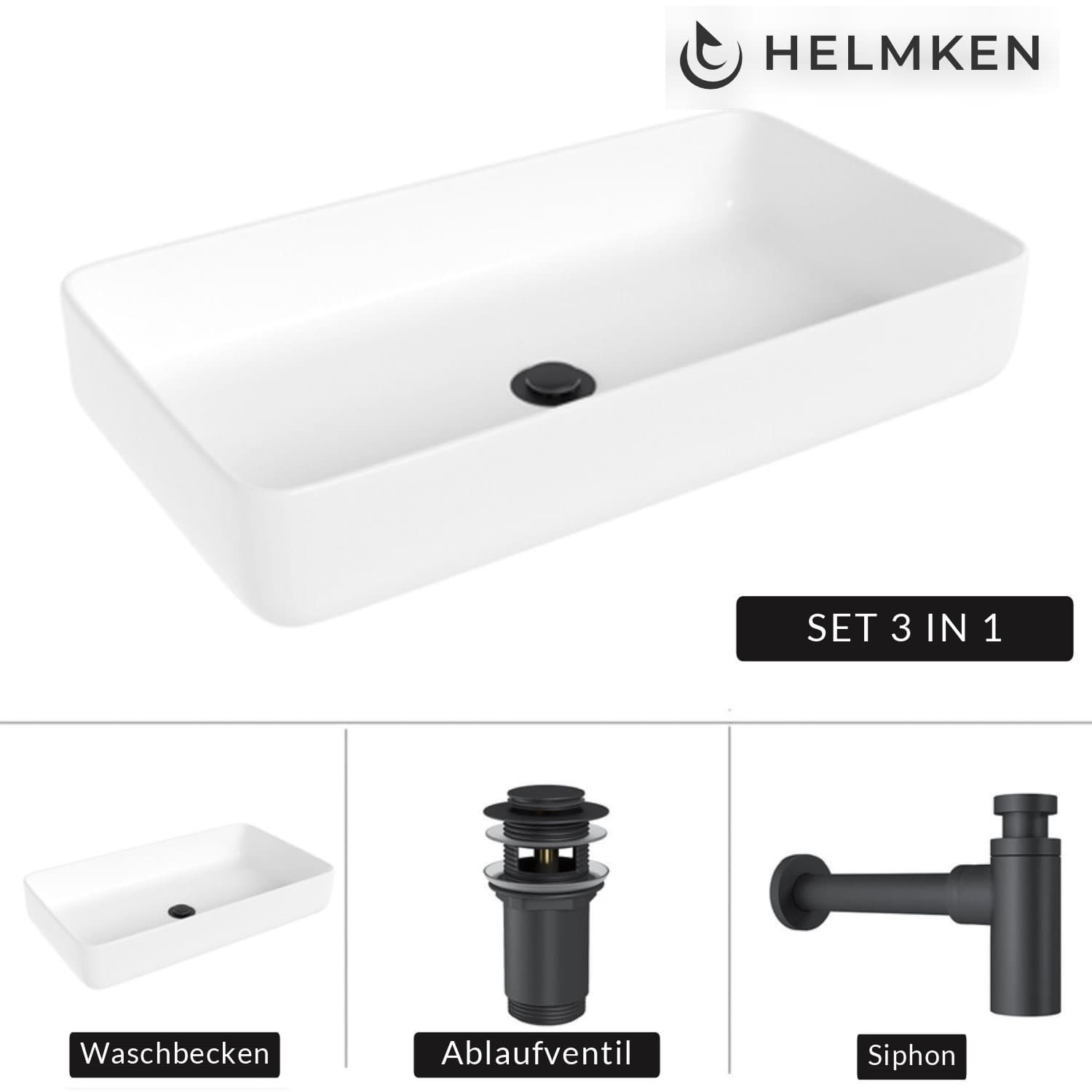 Aufsatzwaschbecken Helmken 48760000, 60 x 34 cm, Weiß + Siphon Schwarz matt + Click-Clack-Ventil Schwarz matt