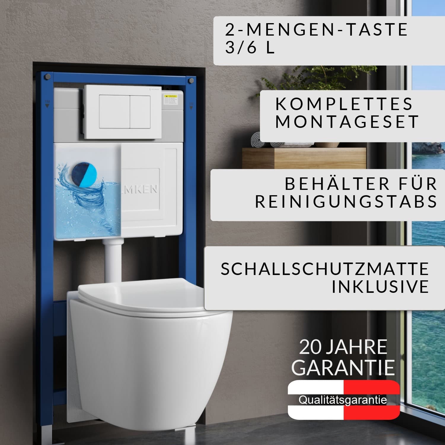 WC-Vorwandelement Helmken 35490101 im 6-in-1-Set: Betätigungsplatte Weiß (J), spülrandloses Wand-WC Rimless, WC-Sitz mit Absenkautomatik, Box für WC-Hygienewürfel, Schallschutzmatte
