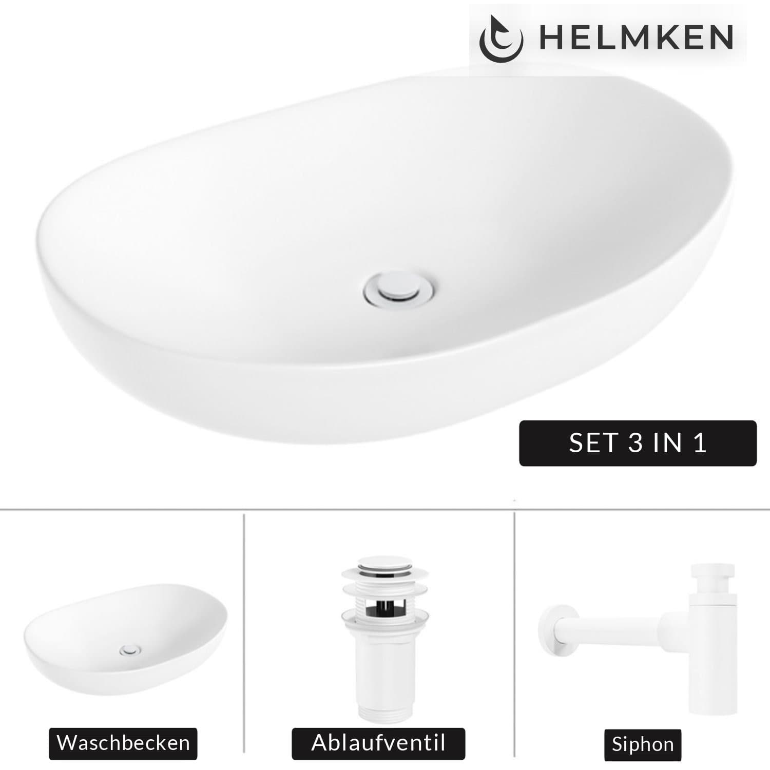 Aufsatzwaschbecken Helmken 50263000, 63 x 42 cm, Weiß + Siphon Weiß + Click-Clack-Ventil Weiß