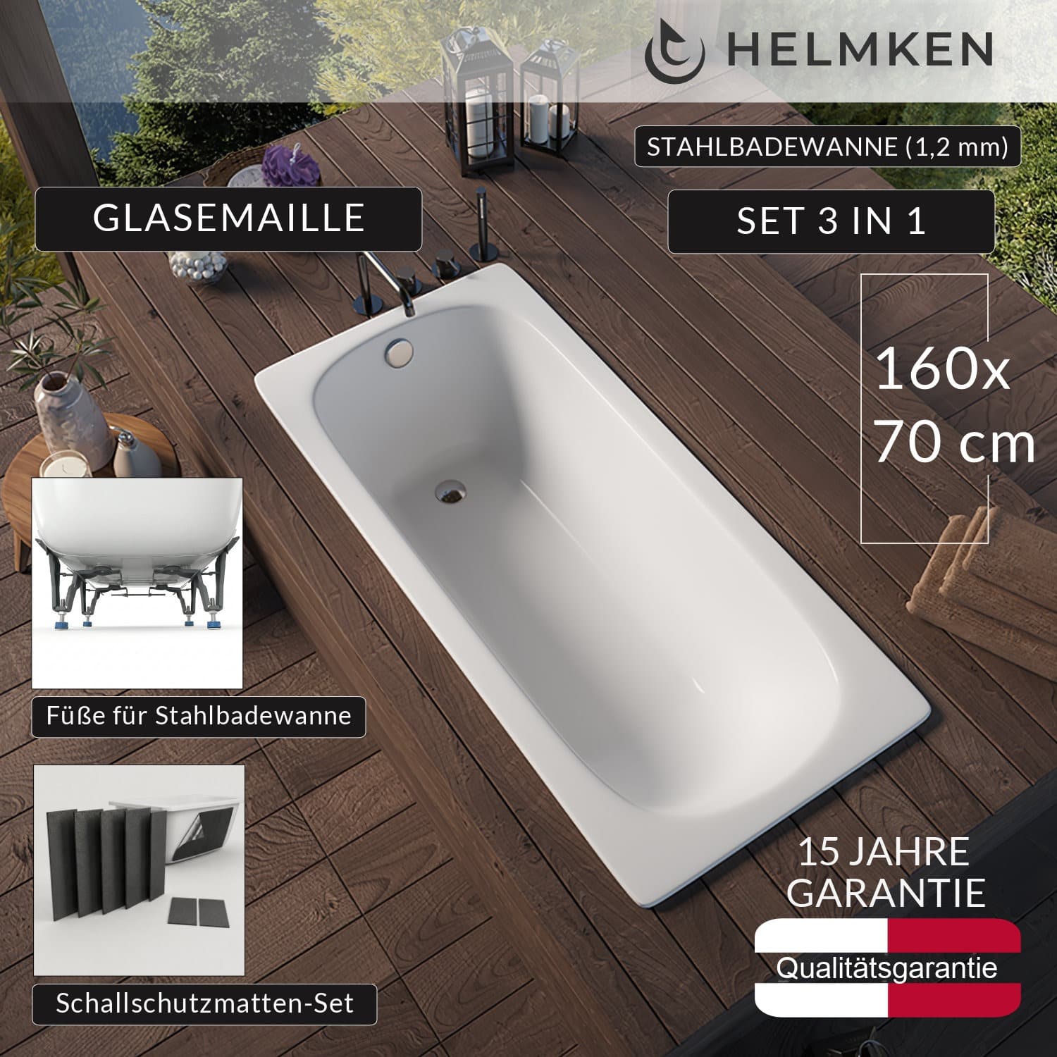 Rechteckige Stahlbadewanne (1,2 mm) Helmken ELLA 160 / B1160, 160 x 70 cm + Wannenfüße + Schallschutzmatten-Set