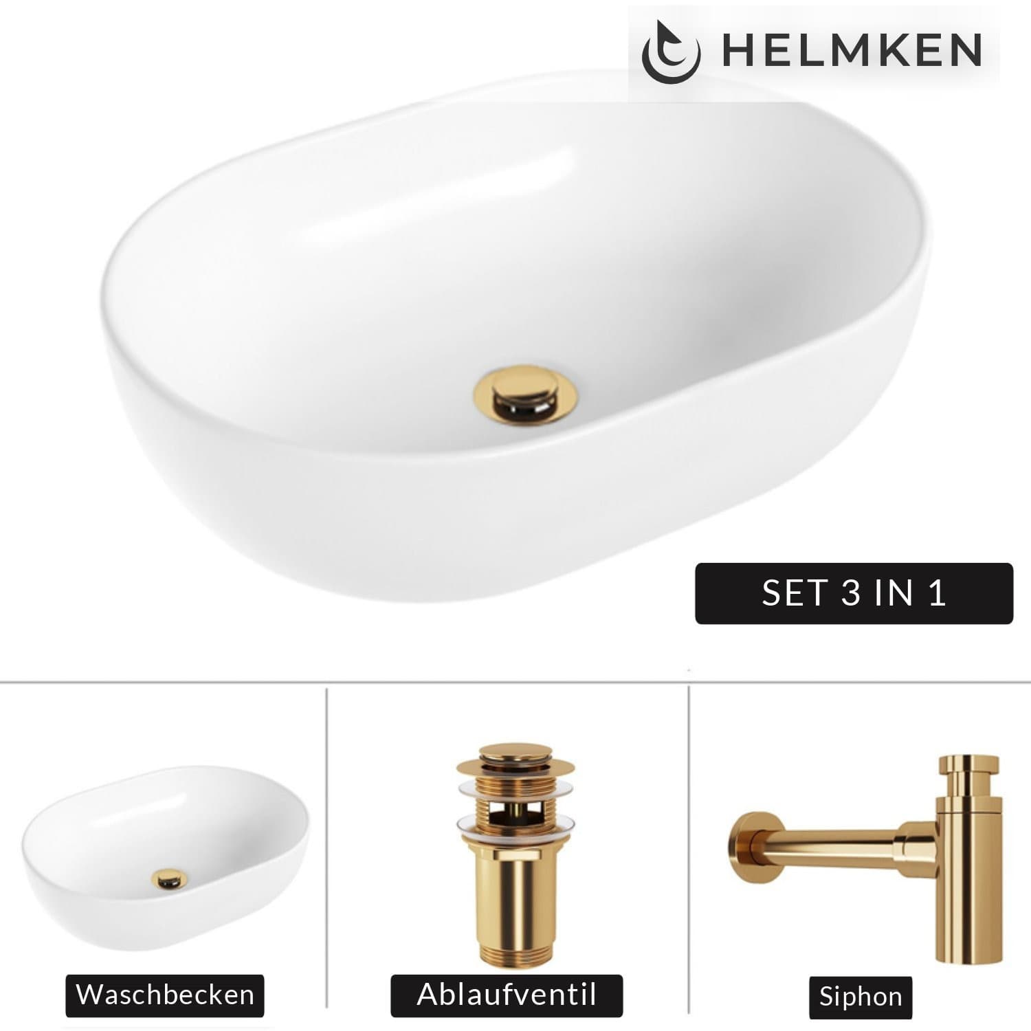 Aufsatzwaschbecken Helmken 83648000, 48 x 34 cm, Weiß + Siphon Gold + Click-Clack-Ventil Gold
