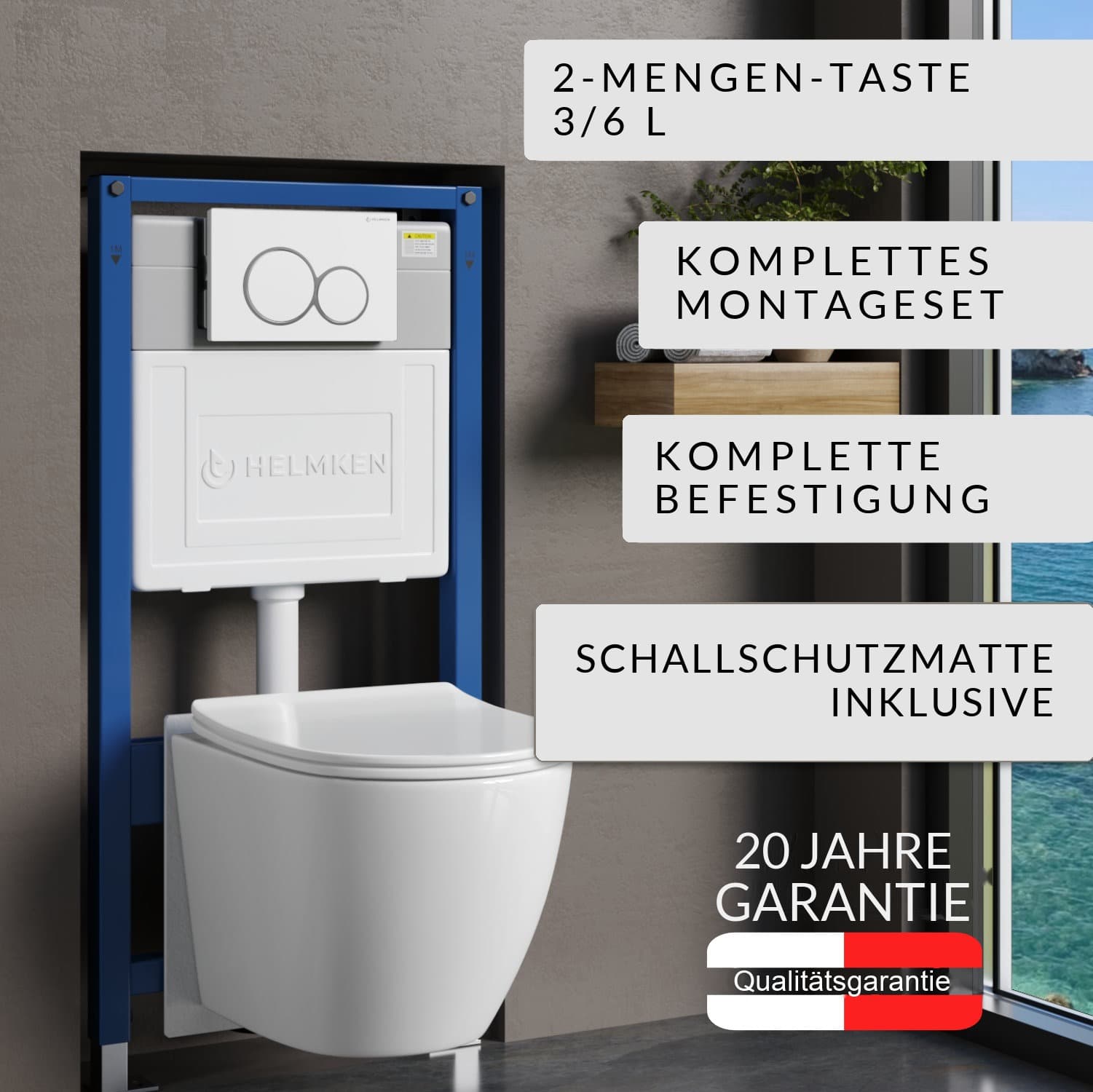 Vorwand-WC-Set Helmken 5-in-1: Betätigungsplatte Weiß (E), spülrandloses Wand-WC Rimless 35490101, WC-Sitz mit Absenkautomatik, Schallschutzmatte