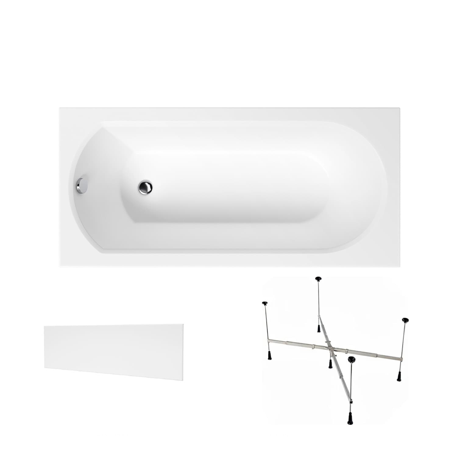 Acrylbadewanne Helmken Tressa 150 x 75 cm + Wannenschürze Weiß + universelles Wannengestell Helmken 21230020 / 23097001-3S