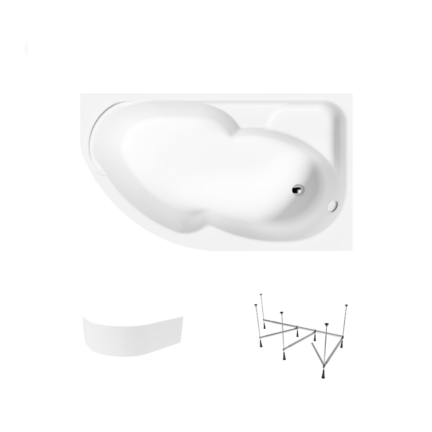 Asymmetrische Badewanne Helmken Geneva 170 x 105 cm, Ausführung rechts + Wannenschürze Weiß + Wannengestell 21013-101 / 3503170R-3S