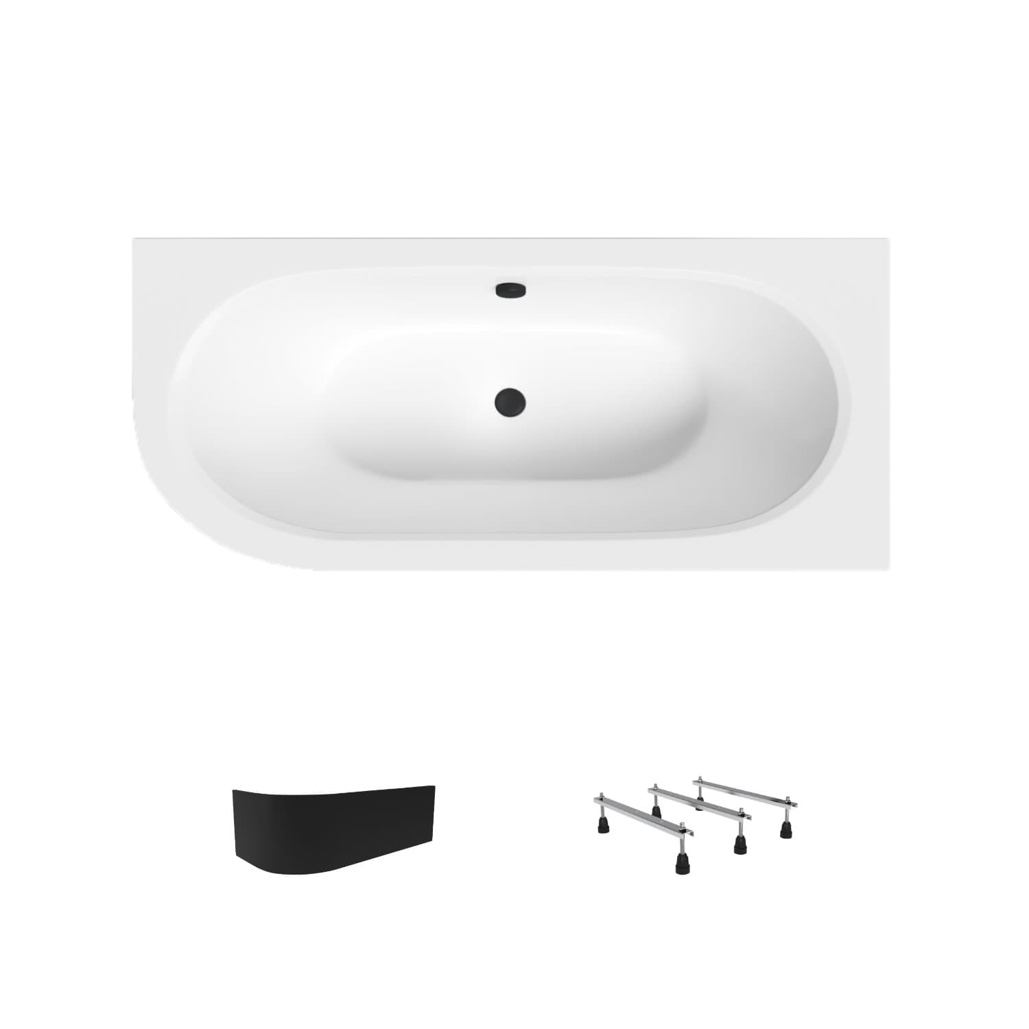 Acrylbadewanne Helmken Marbella Lux 150 x 75 cm, Ausführung rechts + Wannenschürze Schwarz + Wannenfüße mit dreifacher Abstützung / 23092001ZC