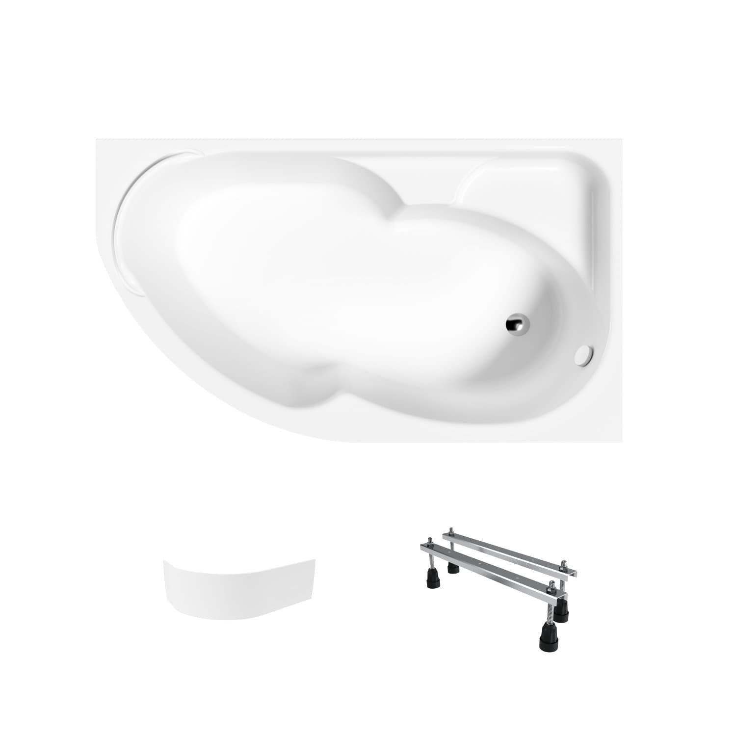 Eckbadewanne Helmken Geneva 170 x 105 cm, Ausführung rechts, aus gegossenem Acryl, verstärkt + Wannenschürze Weiß + Wannenfüße / 3503170RZW