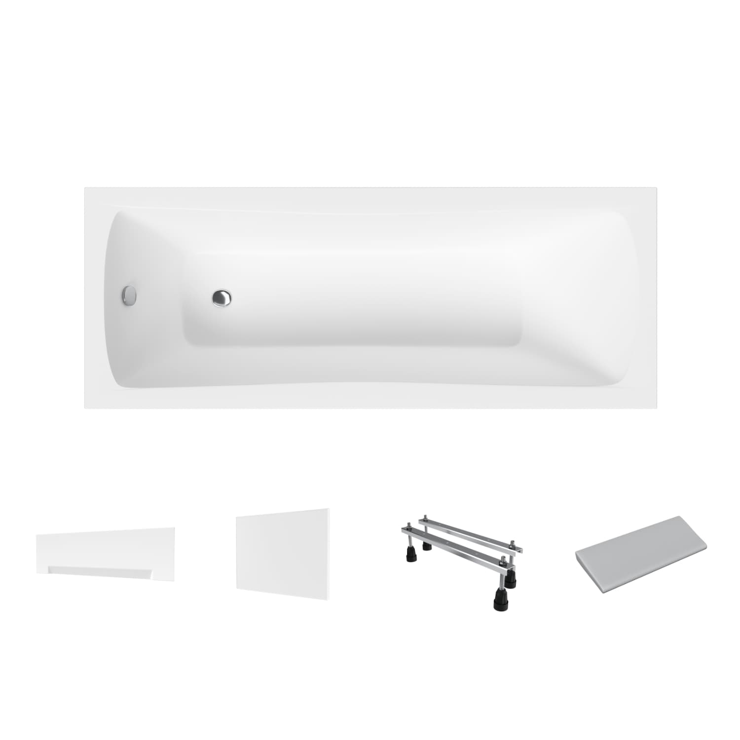 Acrylbadewanne Helmken Luna 140 x 70 cm + Front- und Seitenschürze Weiß + Nackenkissen Grau + Wannenfüße / 23093001ZW