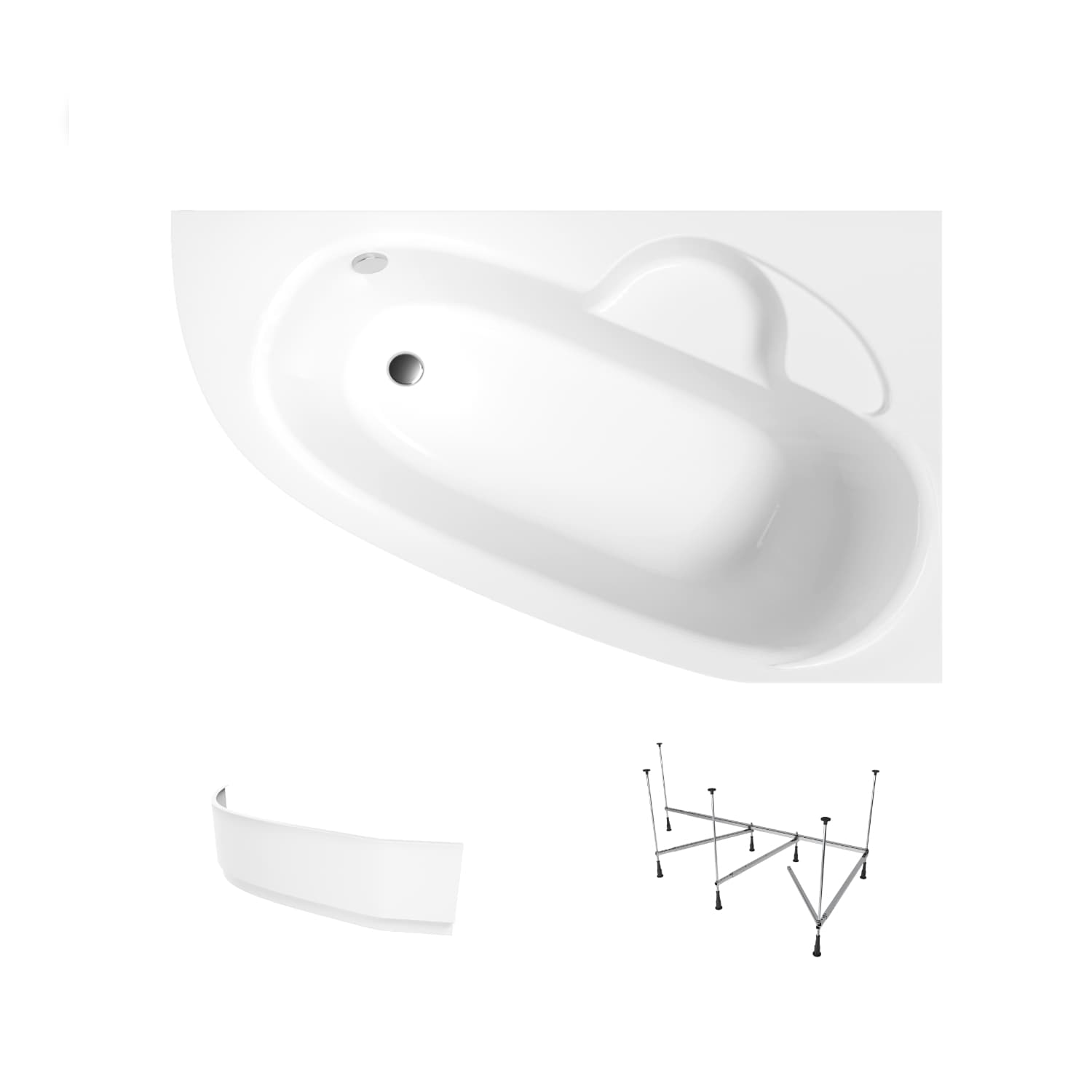 Asymmetrische Badewanne Helmken Valencia 150 x 100 cm, Ausführung rechts + Wannenschürze Weiß + Wannengestell 21013-101 / 3502150R-3S