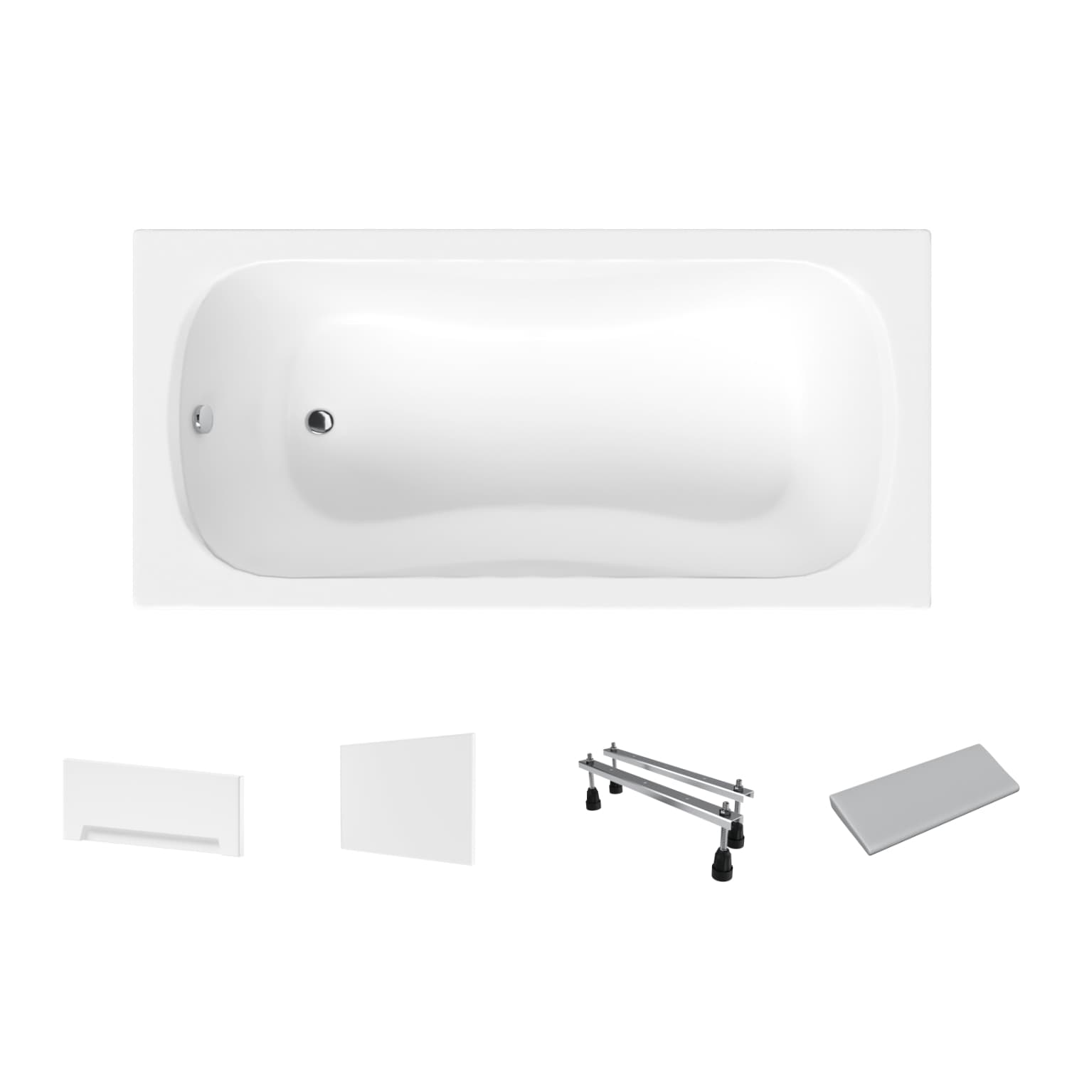 Acrylbadewanne Helmken Edelva 130 x 70 cm + Front- und Seitenschürze Weiß + Nackenkissen Grau + Wannenfüße / 23094001ZW