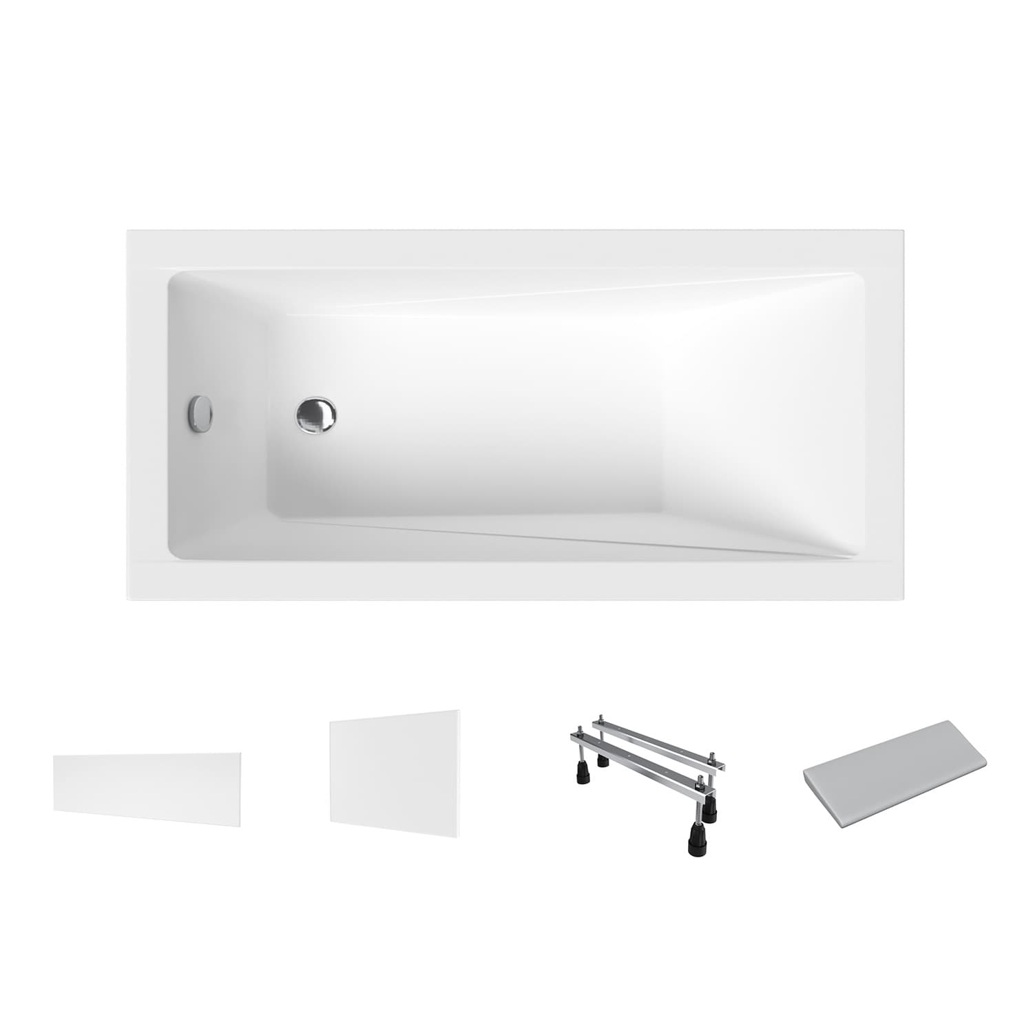 Acrylbadewanne Helmken Rivana 120 x 70 cm + Front- und Seitenschürze Weiß + Nackenkissen Grau + Wannenfüße / 23095001ZW