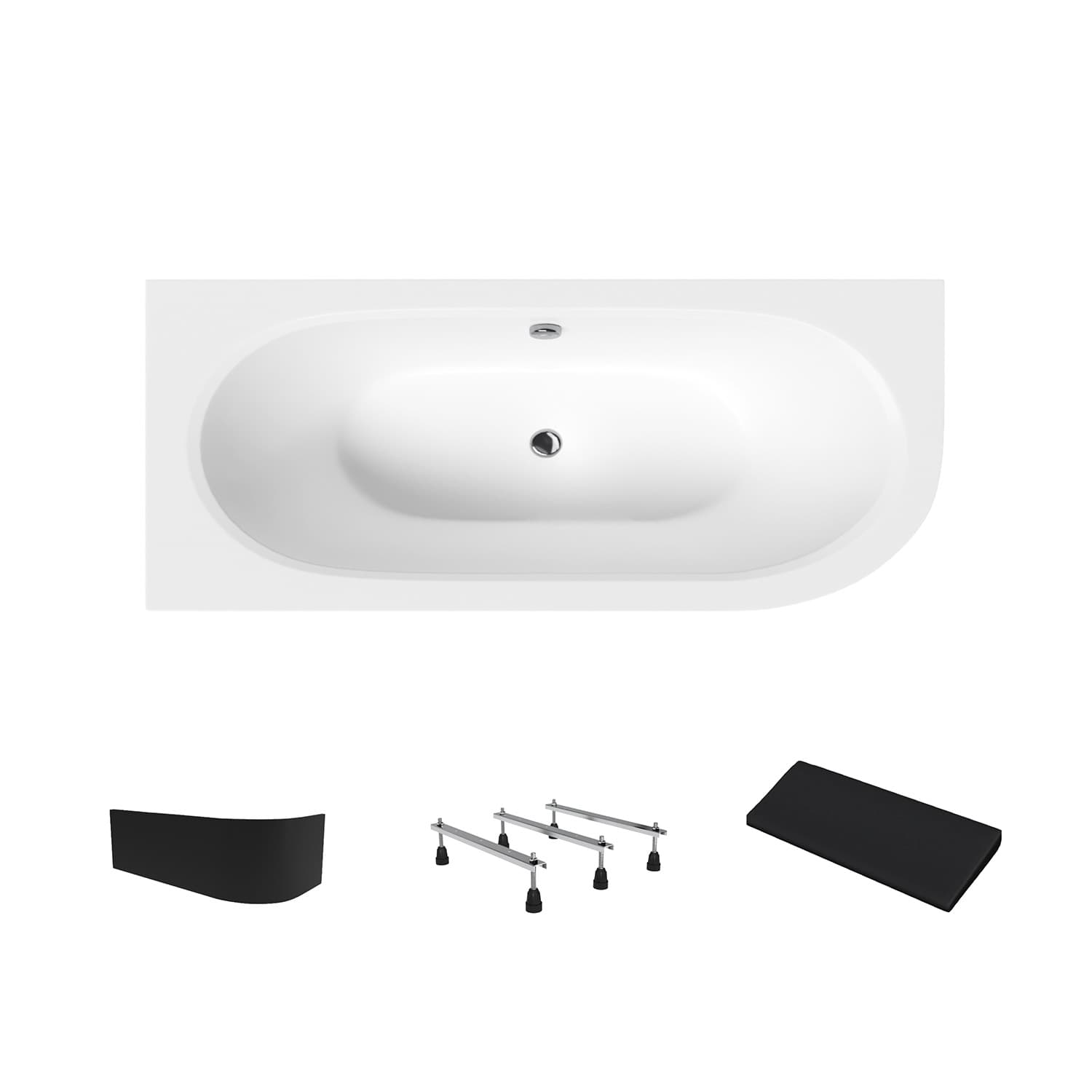 Acrylbadewanne Helmken Marbella Lux 180 x 80 cm, Ausführung links + Wannenschürze Schwarz + Nackenkissen Schwarz + Wannenfüße mit dreifacher Abstützung / 23092008ZWC