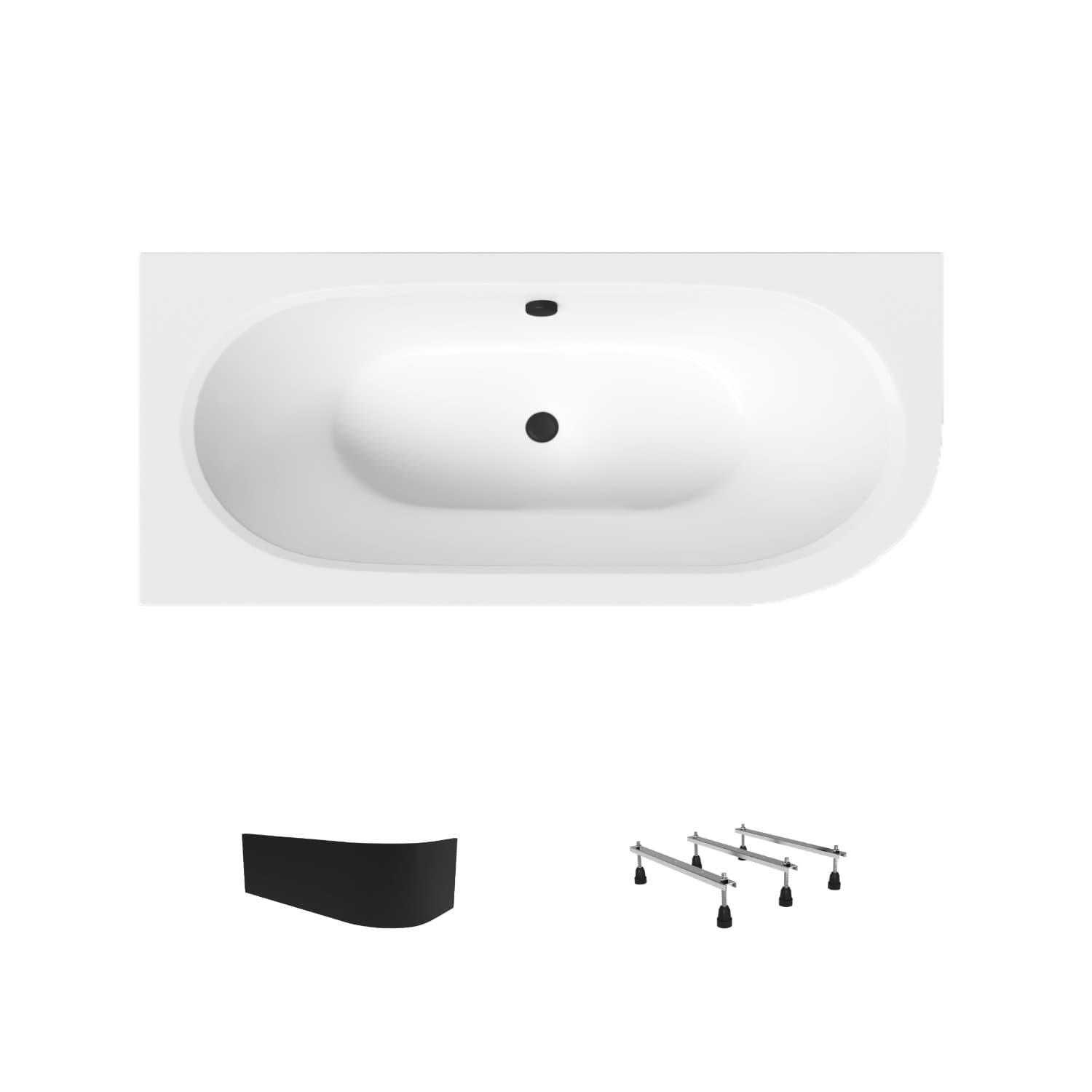Acrylbadewanne Helmken Marbella Lux 150 x 75 cm, Ausführung links + Wannenschürze Schwarz + Wannenfüße mit dreifacher Abstützung / 23092002ZC