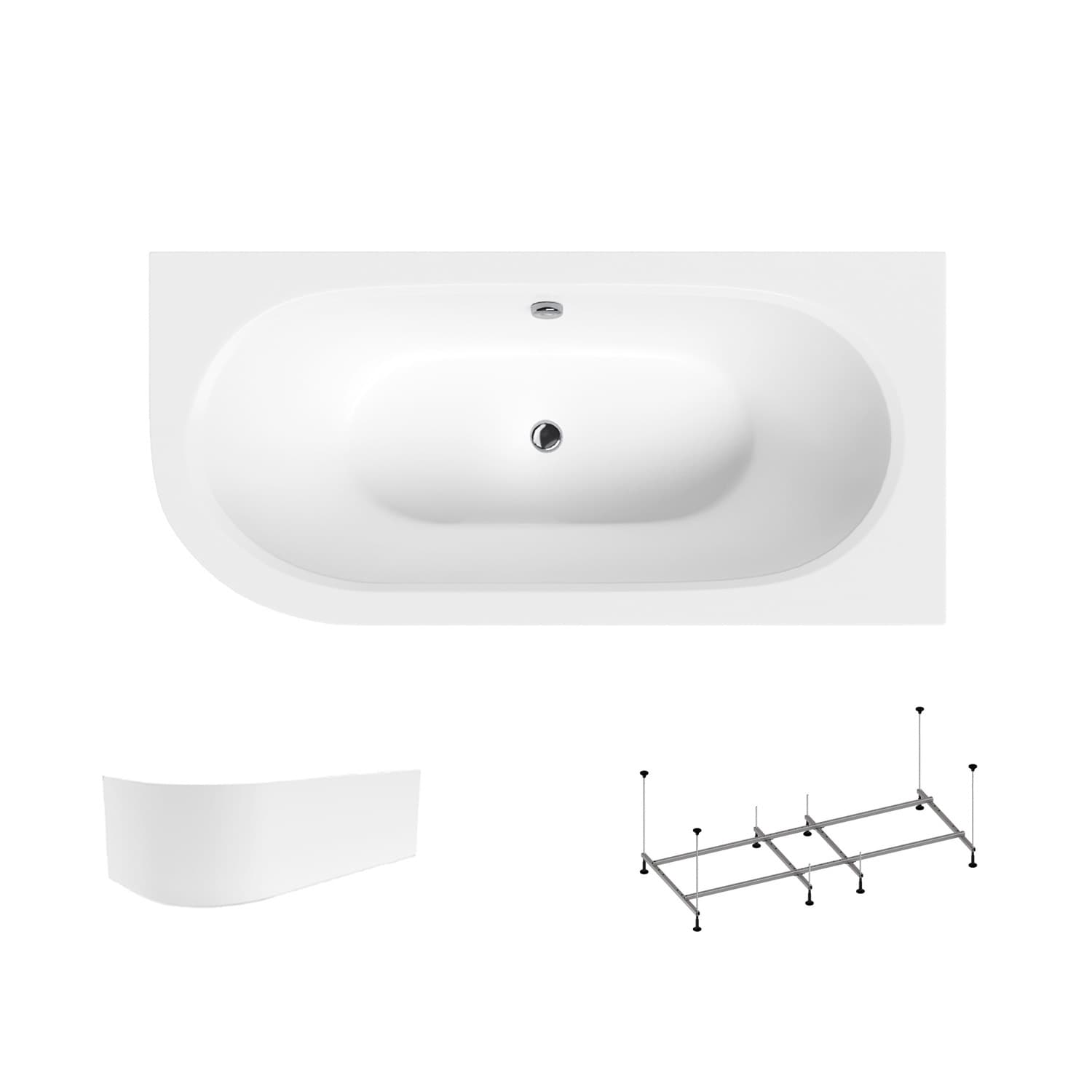 Acrylbadewanne Helmken Marbella Lux 170 x 75 cm, Ausführung rechts + Wannenschürze Weiß + Wannengestell Helmken 21210023 / 23092005-3S