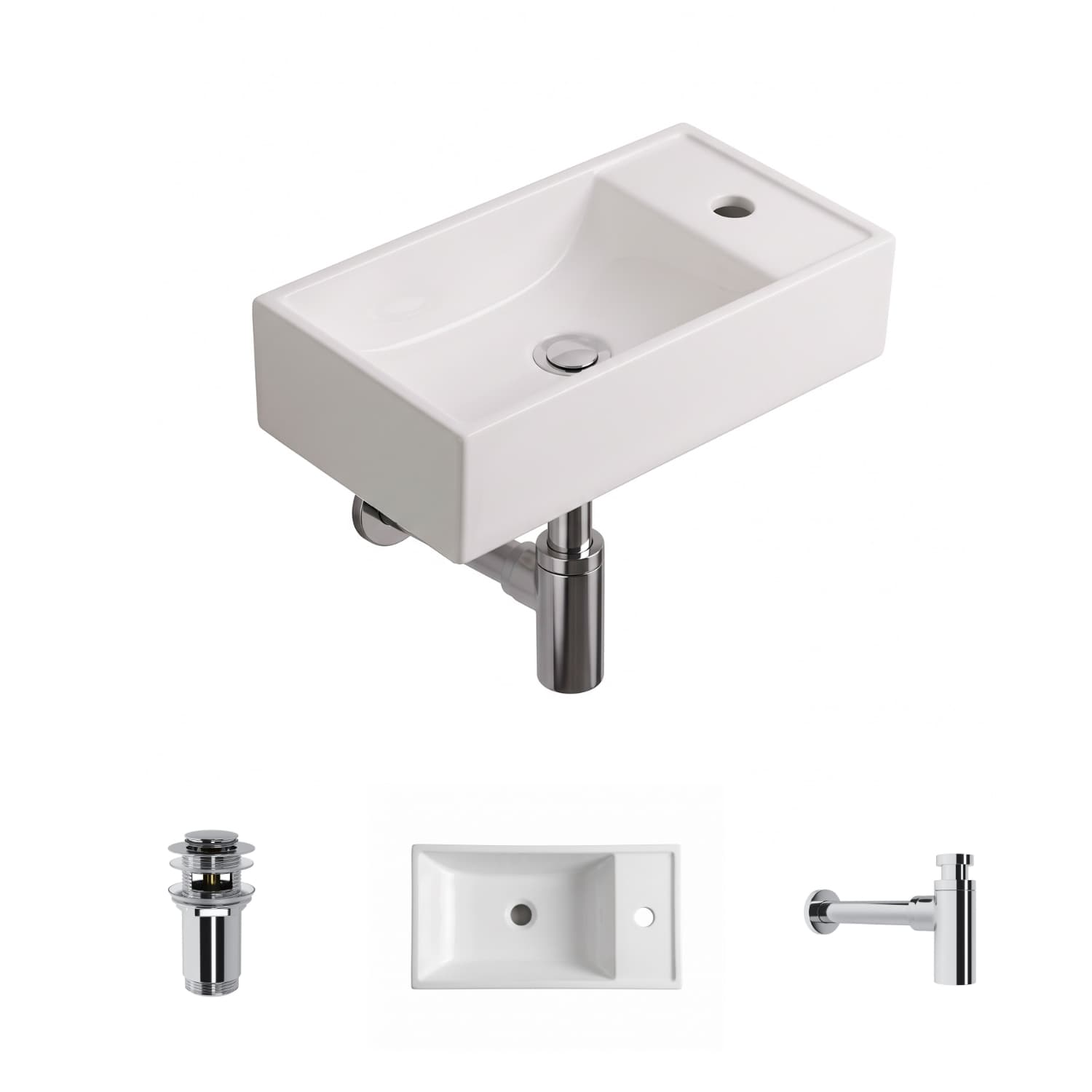 Handwaschbecken Helmken 1968L4020, 40,5 x 21 cm, Weiß + Click-Clack-Ventil Chrom + Siphon Chrom