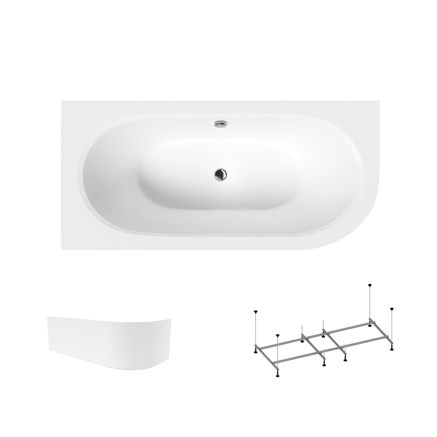 Acrylbadewanne Helmken Marbella Lux 150 x 75 cm, Ausführung links + Wannenschürze Weiß + Wannengestell Helmken 21210028 / 23092002-3S