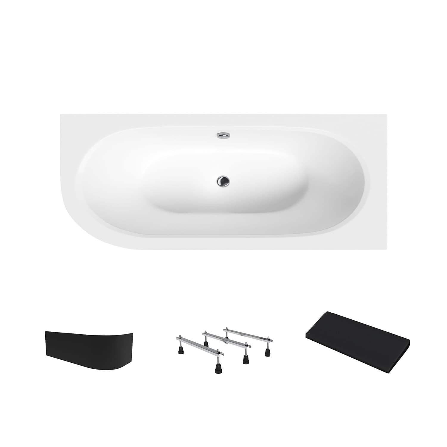 Acrylbadewanne Helmken Marbella Lux 150 x 75 cm, Ausführung rechts + Wannenschürze Schwarz + Nackenkissen Schwarz + Wannenfüße mit dreifacher Abstützung / 23092001ZWC